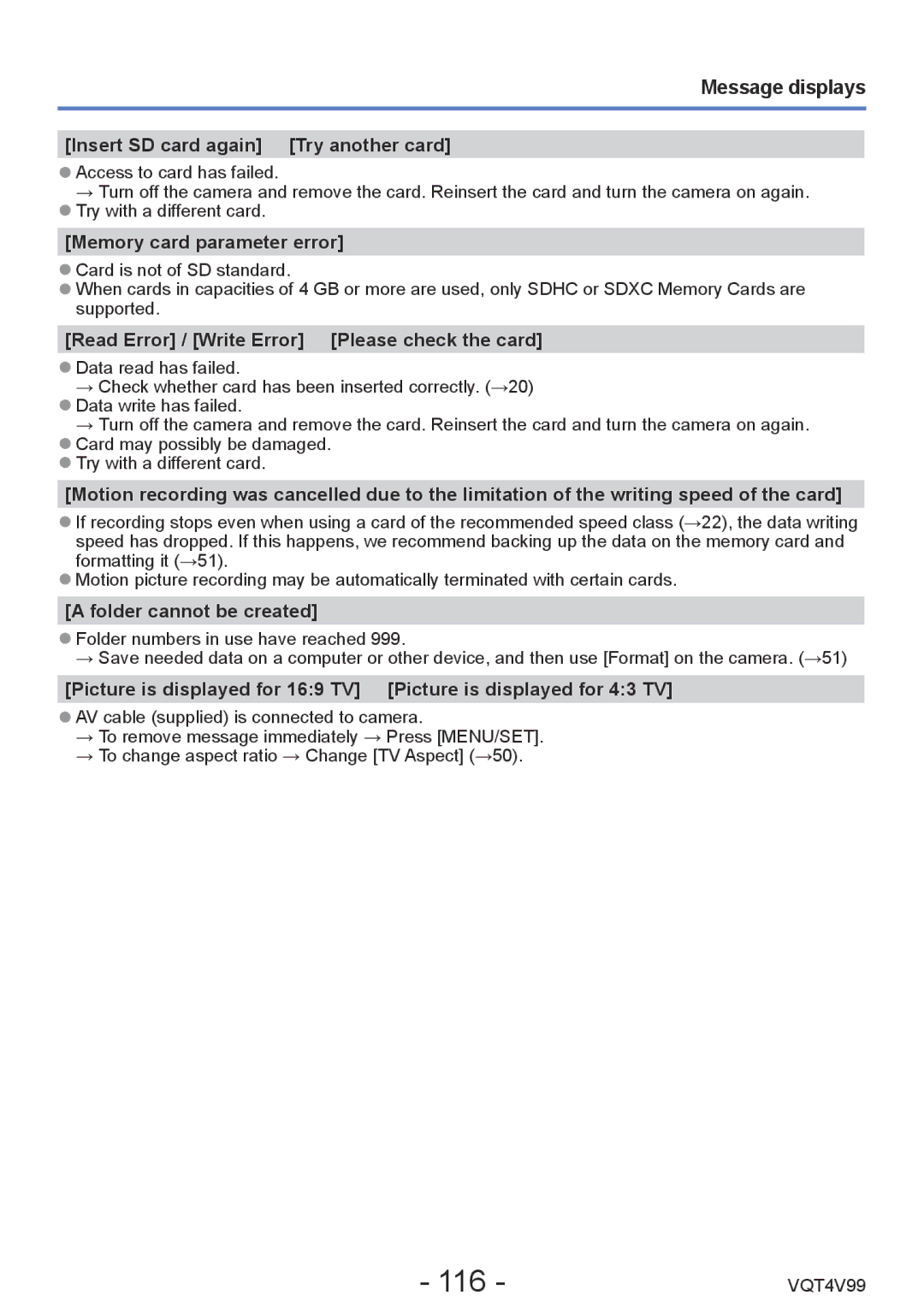 Panasonic DMCLZ30K, VQT4V99 owner manual 116, Message displays 