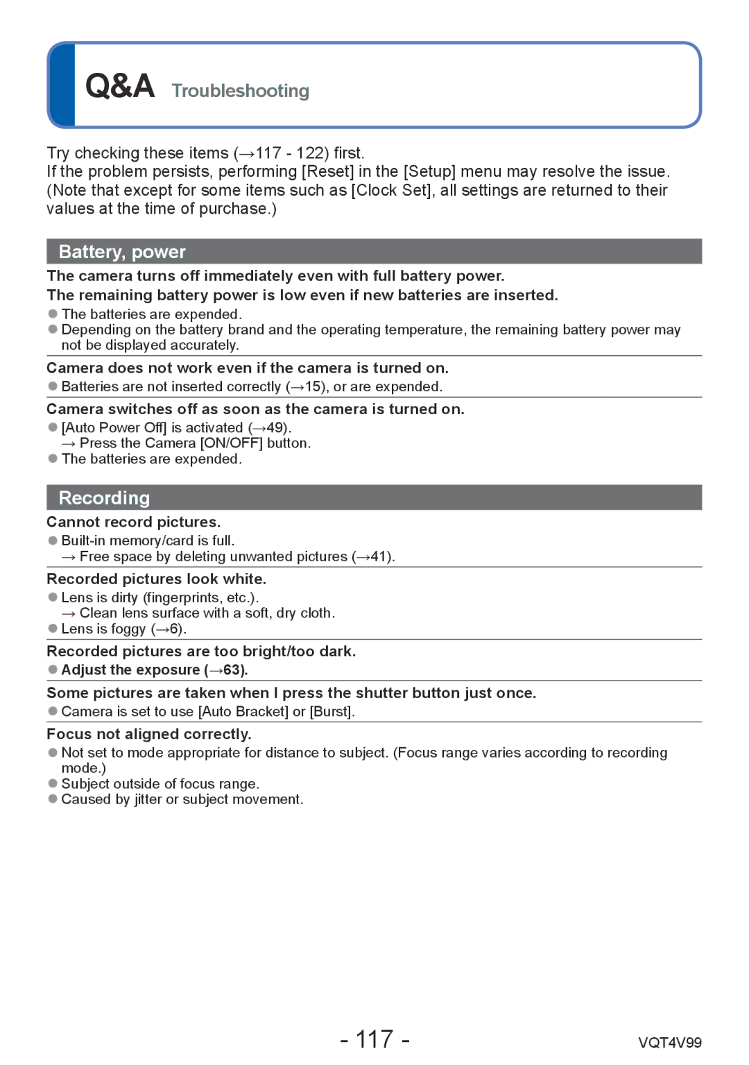 Panasonic VQT4V99, DMCLZ30K owner manual 117, Troubleshooting 