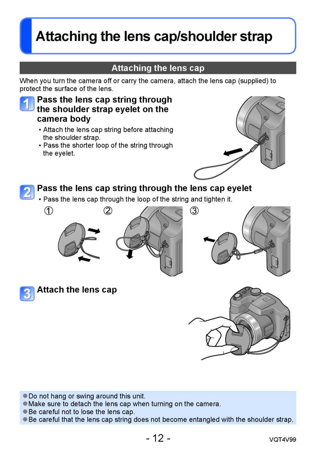 Panasonic DMCLZ30K, VQT4V99 Attaching the lens cap/shoulder strap, Pass the lens cap string through the lens cap eyelet 