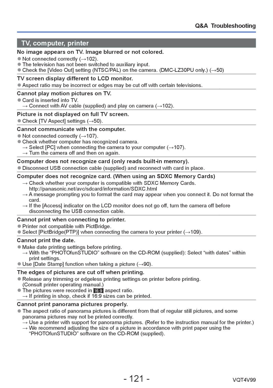 Panasonic VQT4V99, DMCLZ30K owner manual 121, TV, computer, printer 