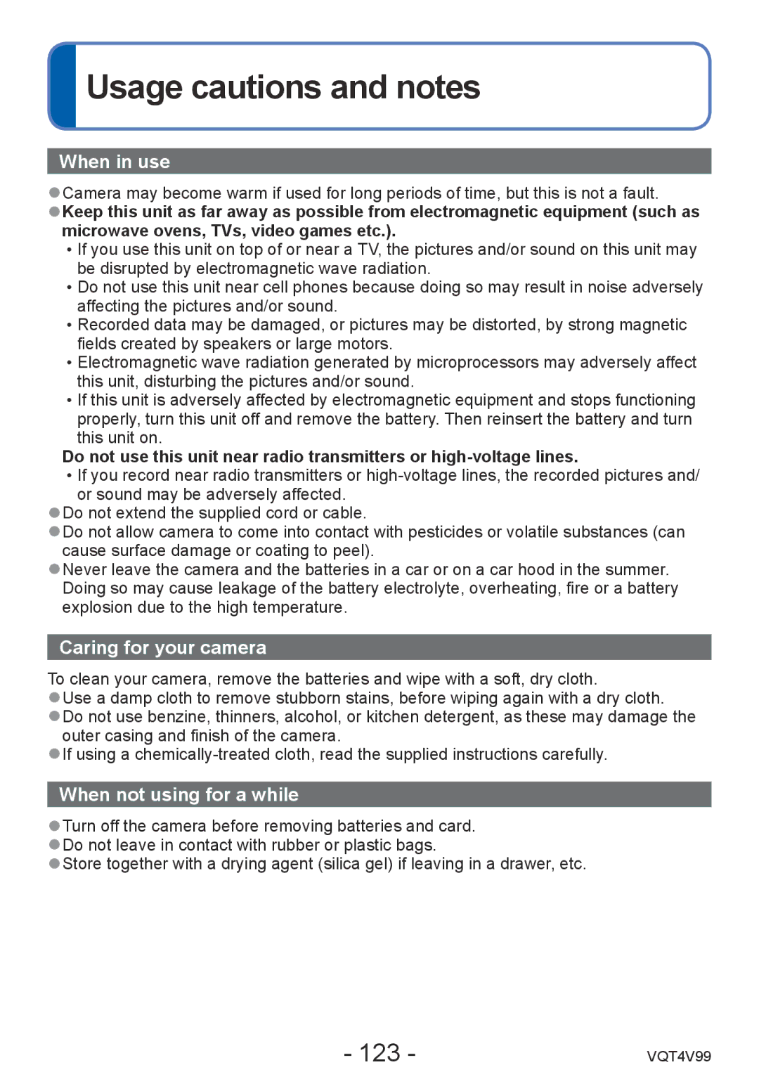 Panasonic VQT4V99, DMCLZ30K owner manual Usage cautions and notes, 123 