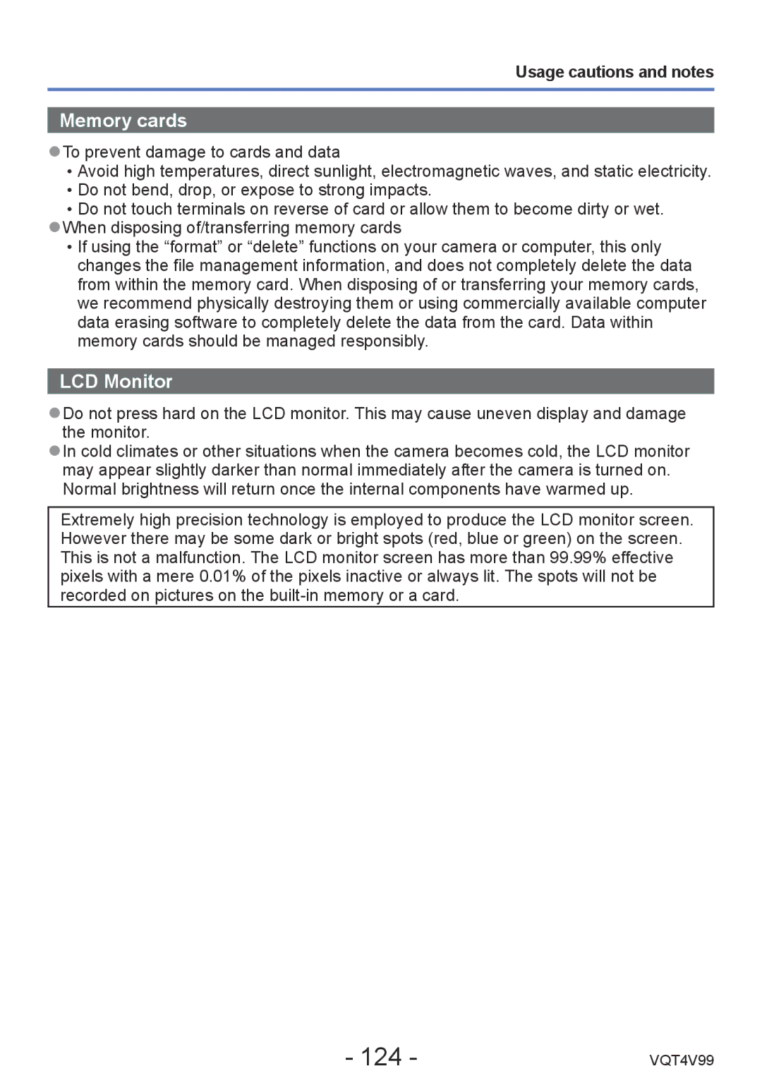 Panasonic DMCLZ30K, VQT4V99 owner manual 124, Usage cautions and notes 