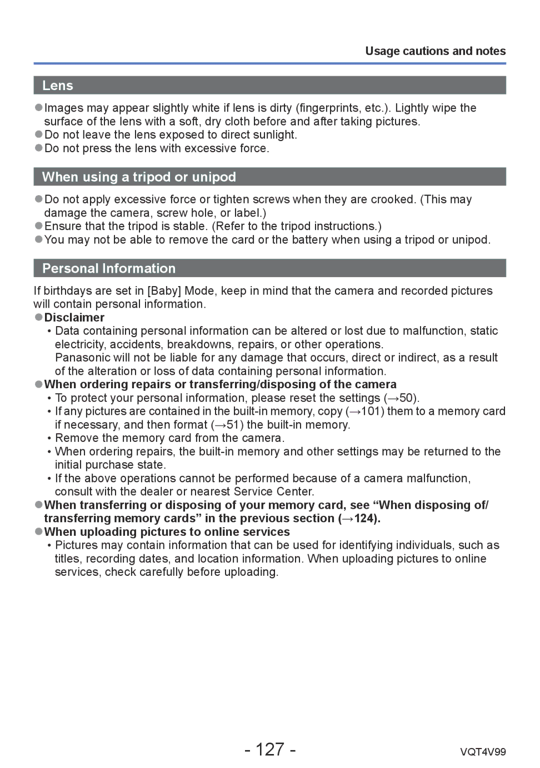 Panasonic VQT4V99, DMCLZ30K owner manual 127, Disclaimer, When uploading pictures to online services 