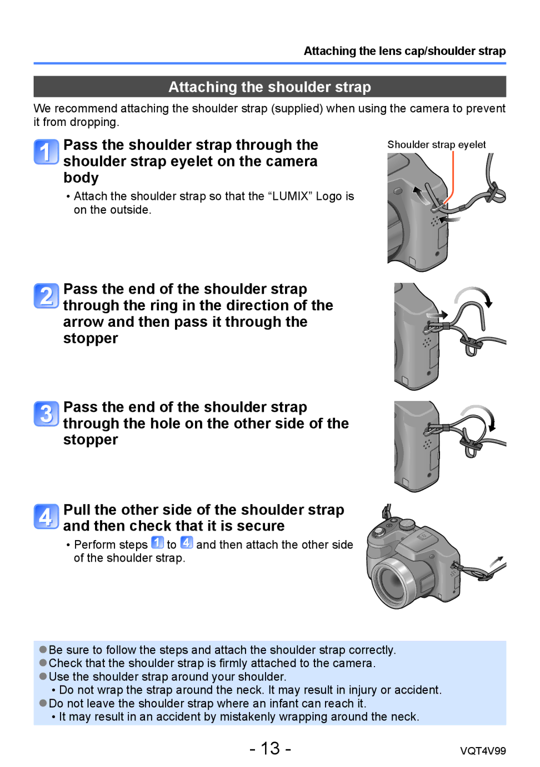 Panasonic VQT4V99, DMCLZ30K owner manual Attaching the shoulder strap, Attaching the lens cap/shoulder strap 