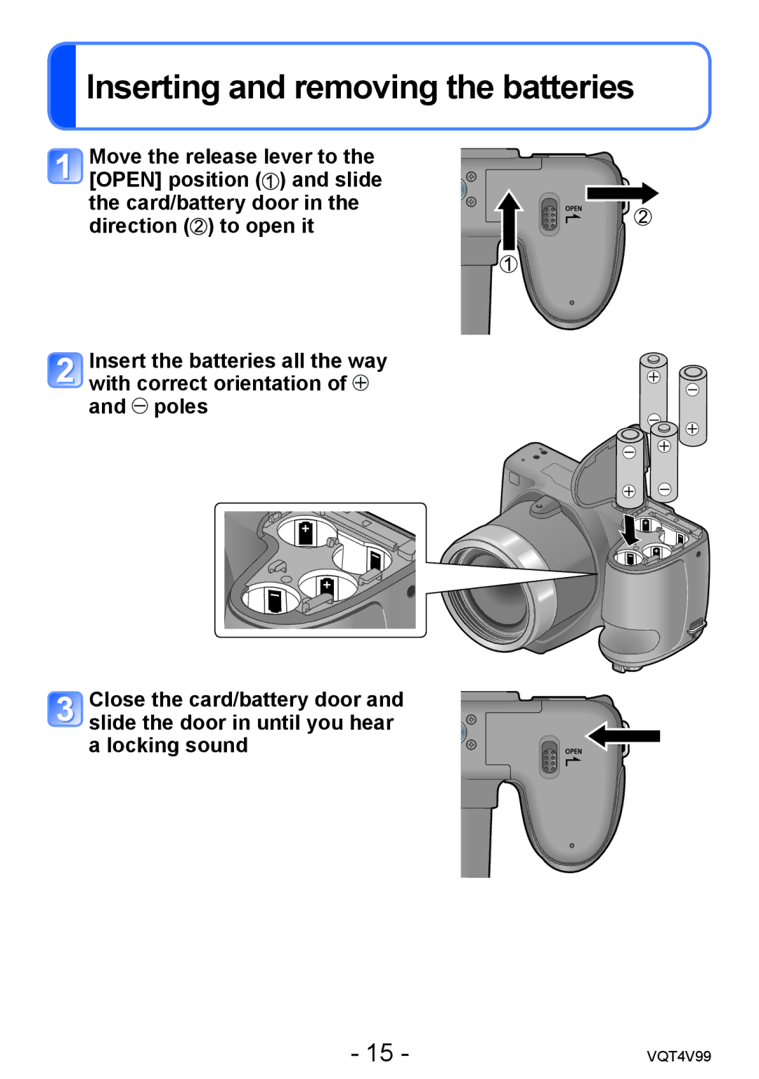 Panasonic VQT4V99, DMCLZ30K owner manual Inserting and removing the batteries 