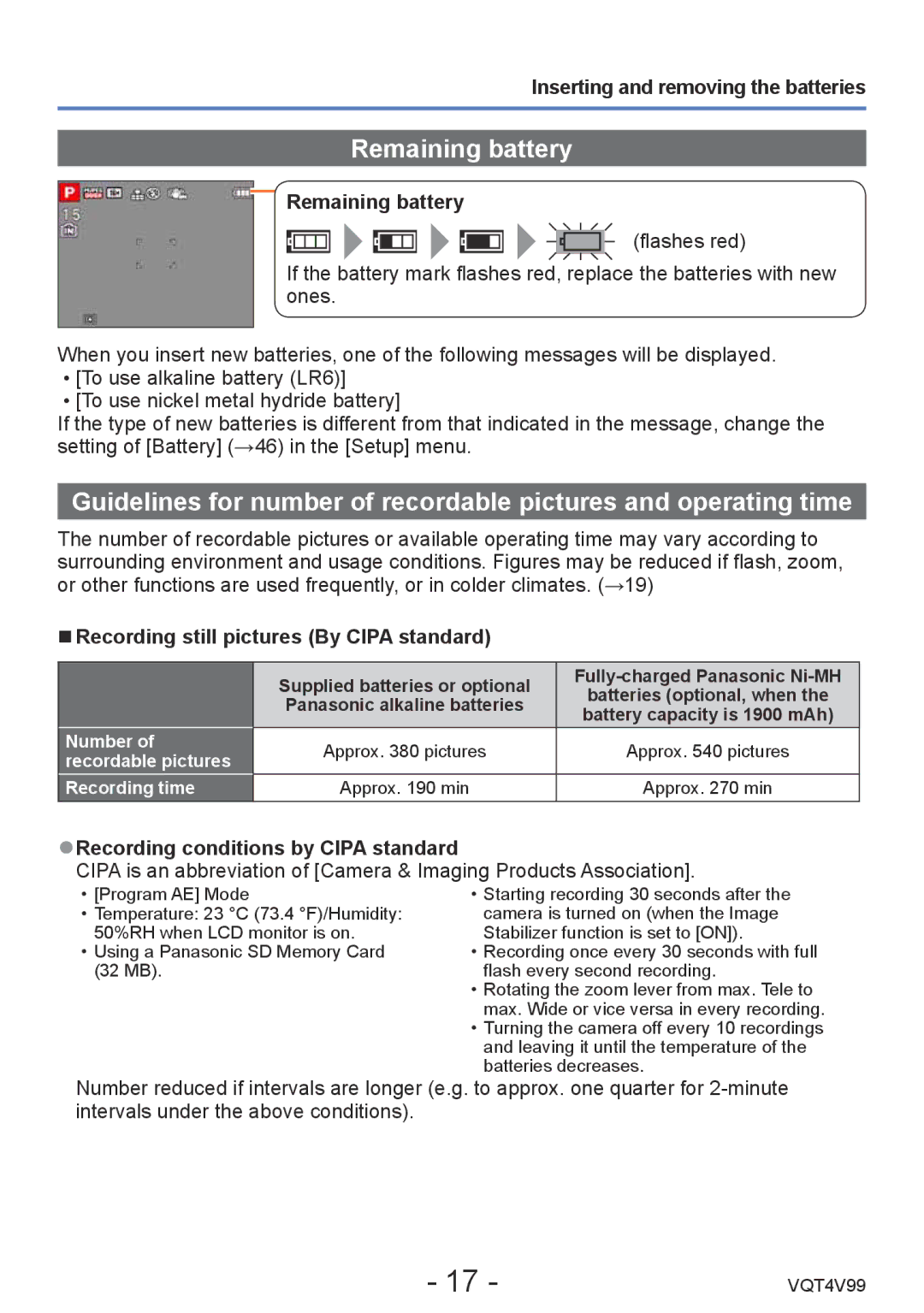 Panasonic VQT4V99 Remaining battery, Recording still pictures By Cipa standard, Recording conditions by Cipa standard 