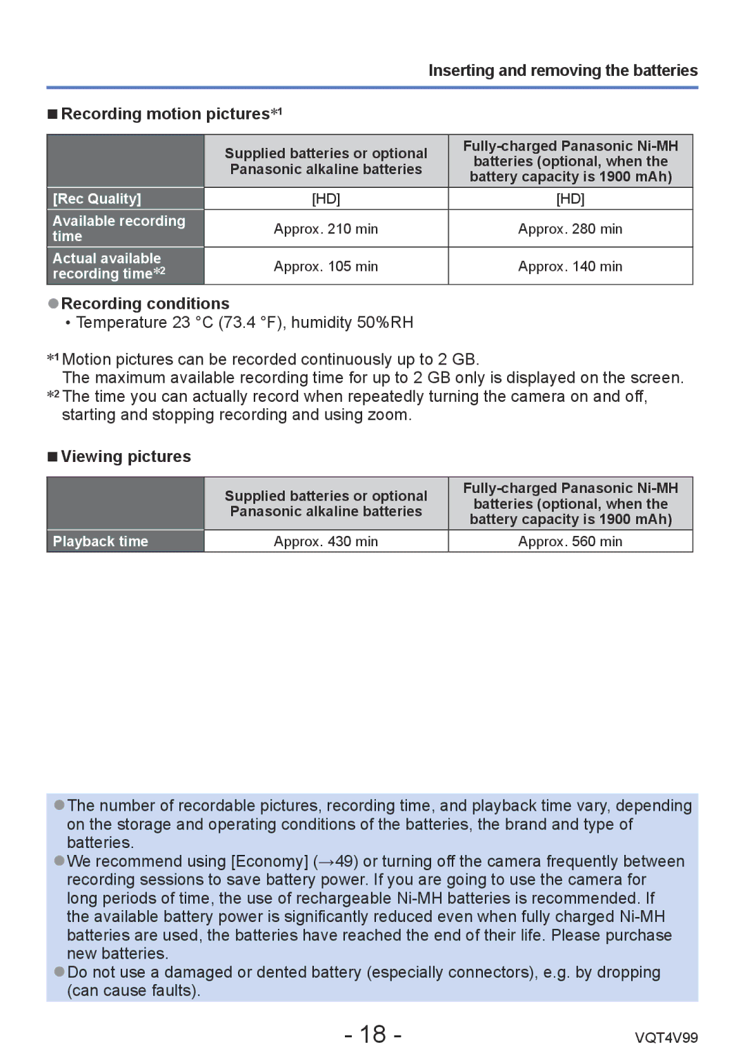 Panasonic DMCLZ30K, VQT4V99 owner manual Recording conditions, Rec Quality Available recording time 