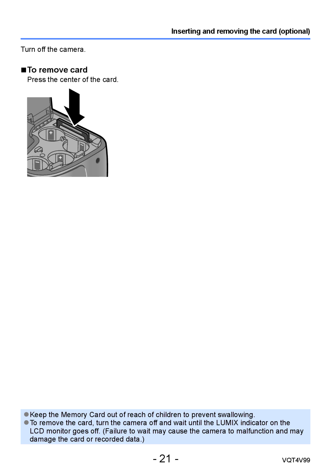 Panasonic VQT4V99, DMCLZ30K owner manual To remove card, Inserting and removing the card optional 