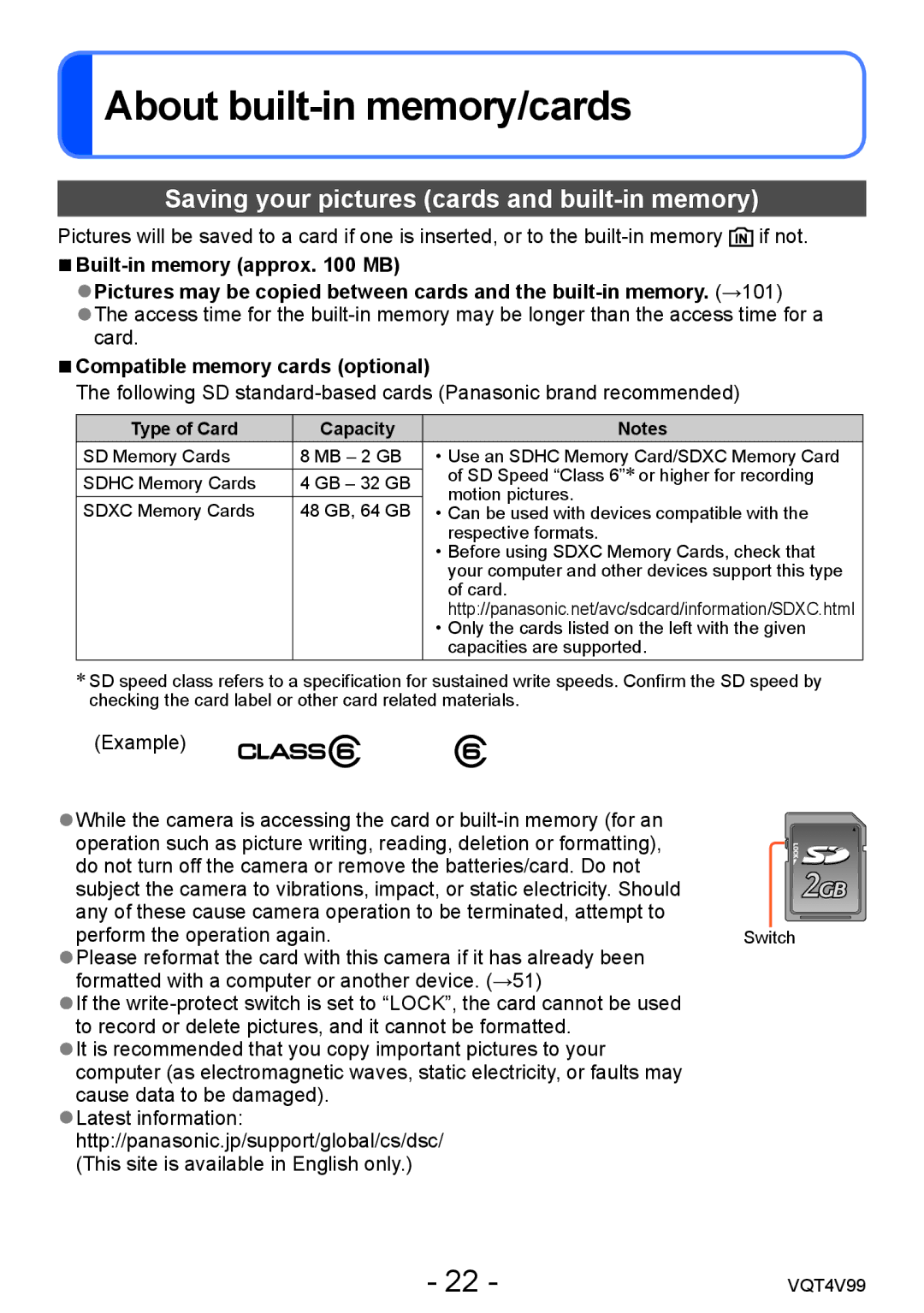 Panasonic DMCLZ30K About built-in memory/cards, Saving your pictures cards and built-in memory, Built-in memory approx MB 