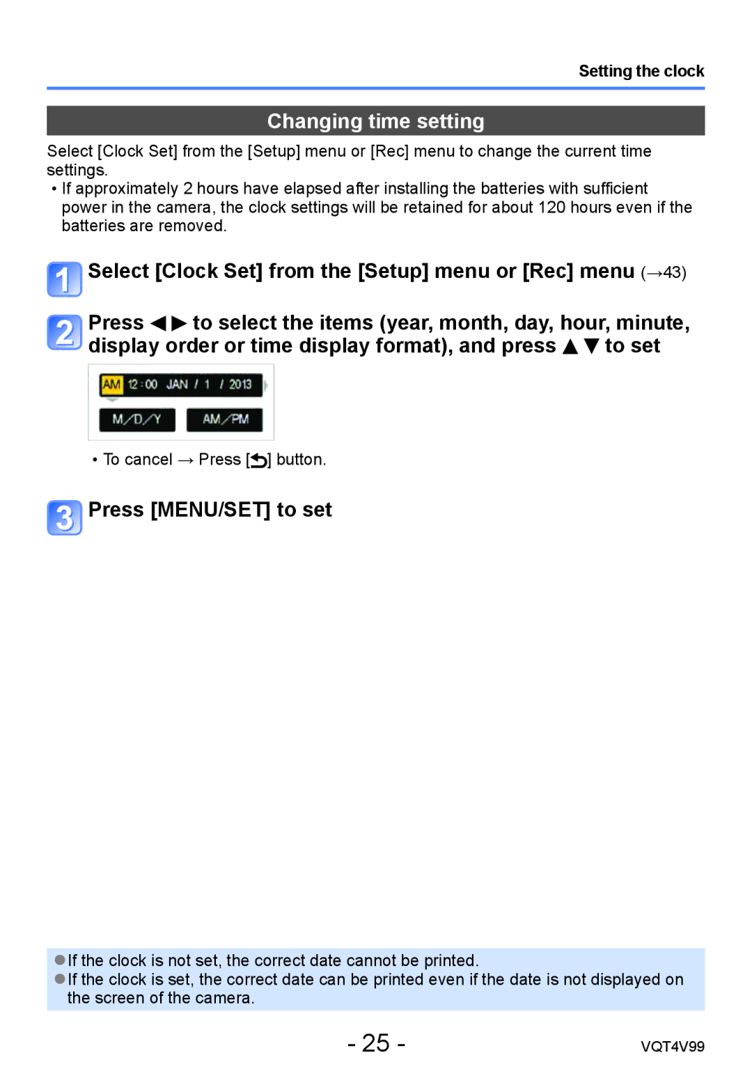 Panasonic VQT4V99, DMCLZ30K owner manual Changing time setting, Press MENU/SET to set, Setting the clock 