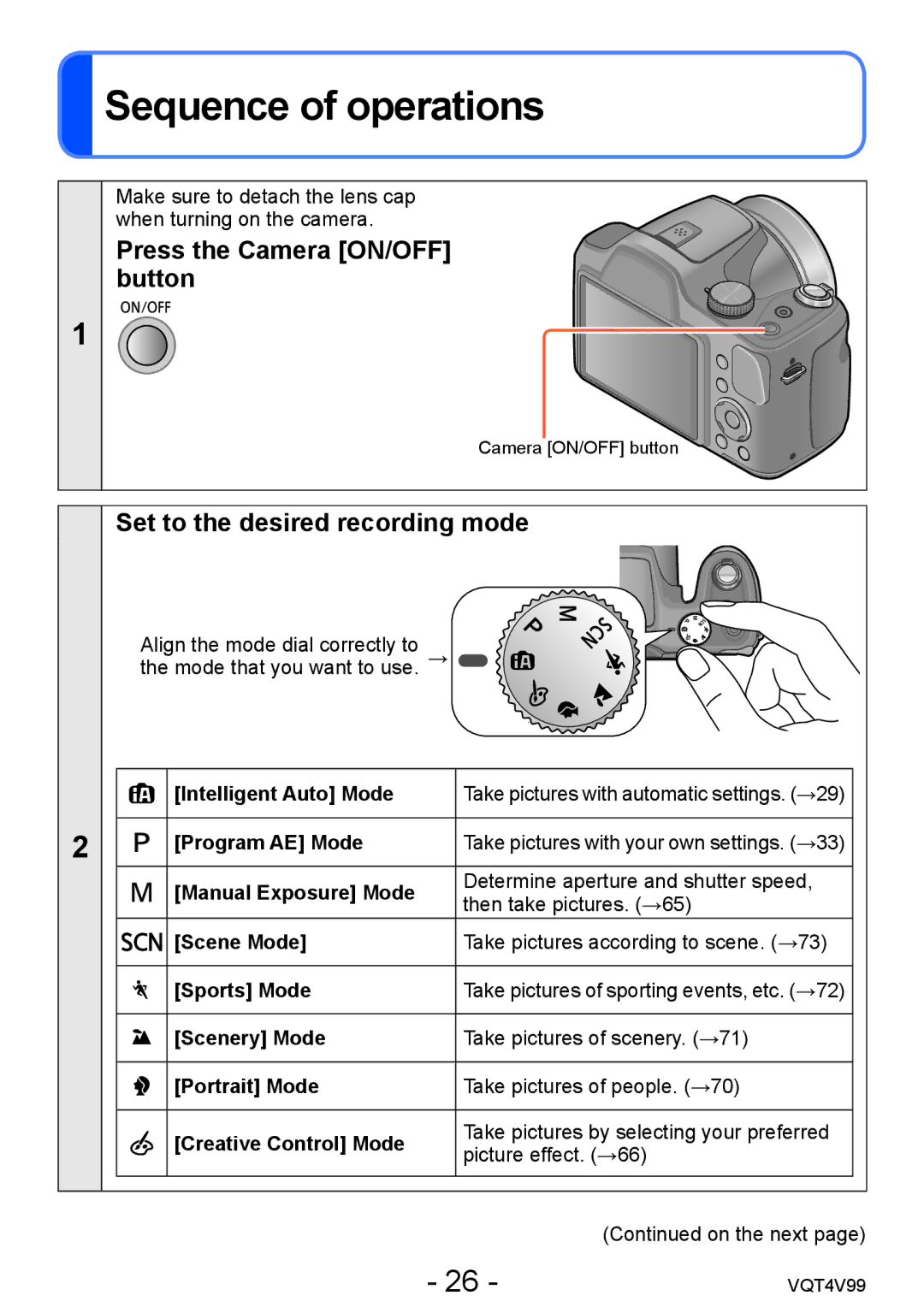 Panasonic DMCLZ30K Sequence of operations, Set to the desired recording mode, Intelligent Auto Mode, Program AE Mode 