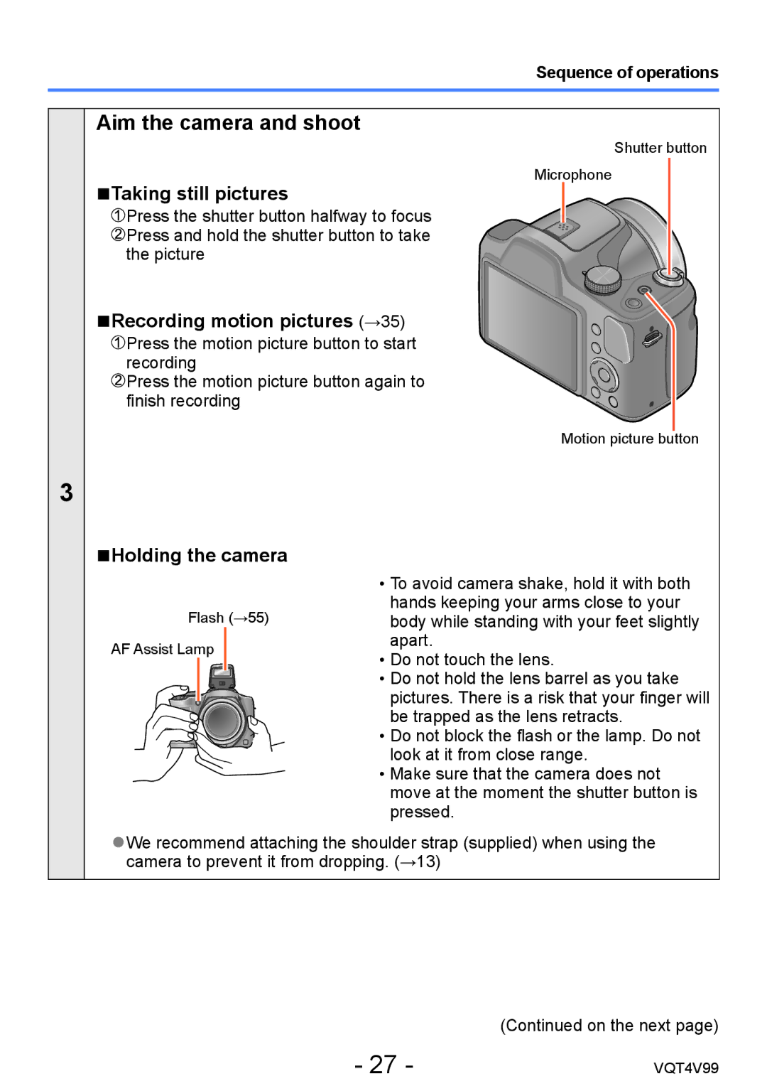 Panasonic VQT4V99 Aim the camera and shoot, Taking still pictures, Recording motion pictures →35, Holding the camera 