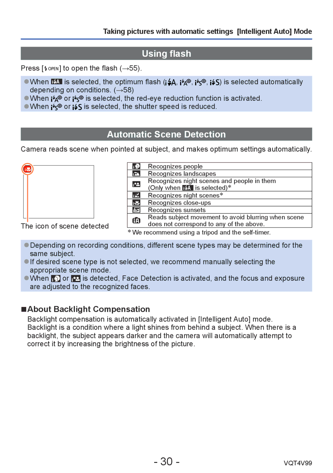 Panasonic DMCLZ30K, VQT4V99 owner manual Using flash, Automatic Scene Detection, About Backlight Compensation 