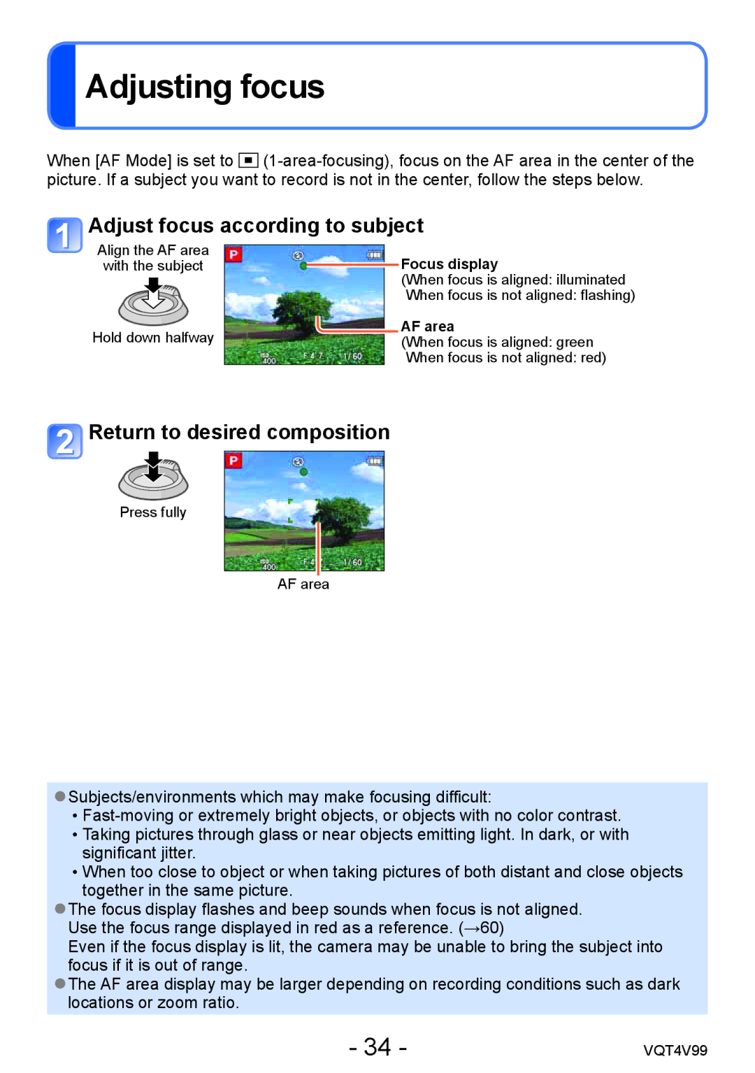 Panasonic DMCLZ30K Adjusting focus, Adjust focus according to subject, Return to desired composition, Focus display 