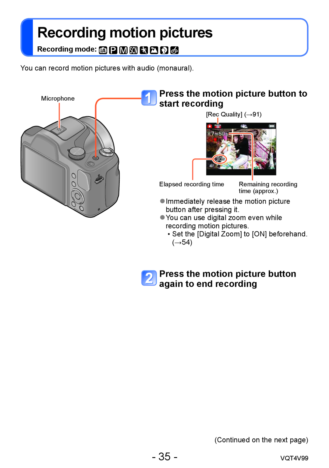 Panasonic VQT4V99, DMCLZ30K owner manual Recording motion pictures, Press the motion picture button to start recording 