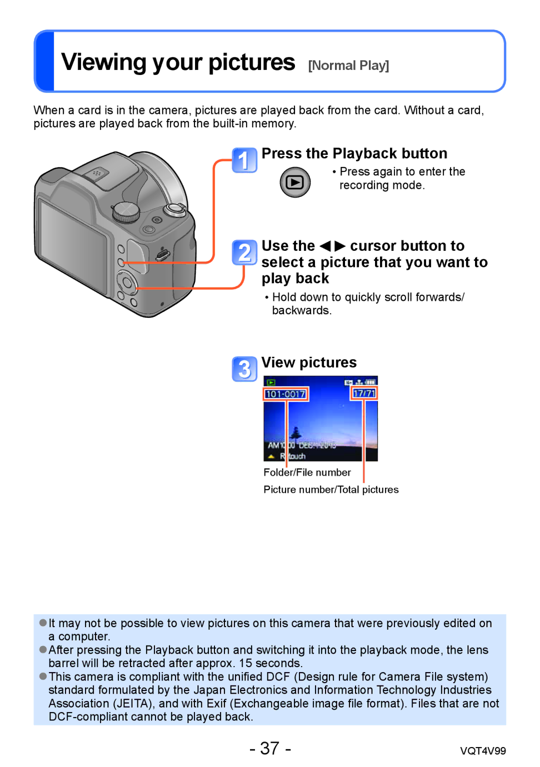 Panasonic VQT4V99, DMCLZ30K owner manual Viewing your pictures Normal Play, View pictures 