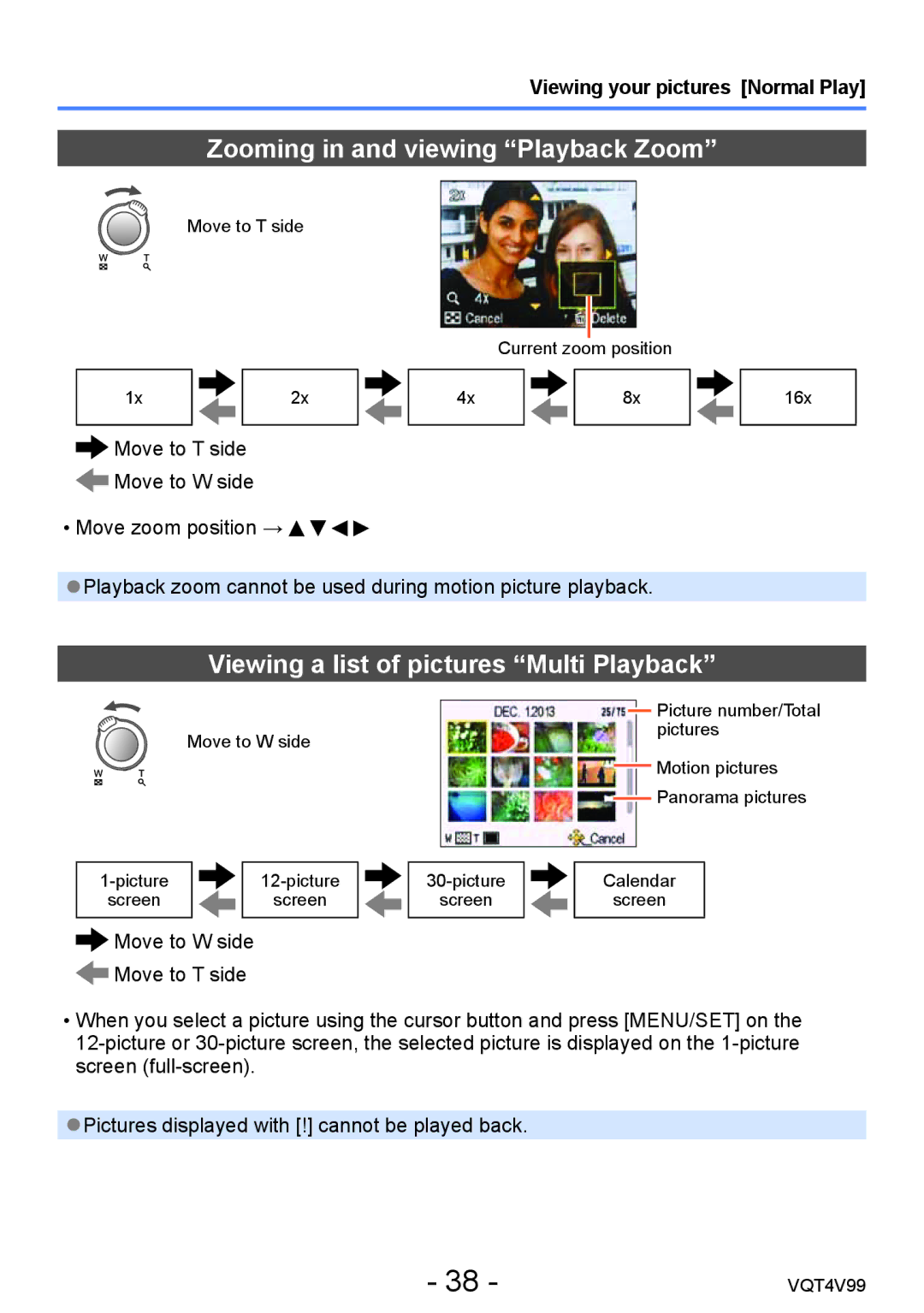 Panasonic DMCLZ30K, VQT4V99 owner manual Zooming in and viewing Playback Zoom, Viewing a list of pictures Multi Playback 