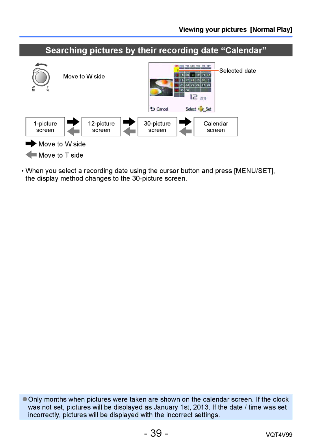 Panasonic VQT4V99, DMCLZ30K owner manual Searching pictures by their recording date Calendar 