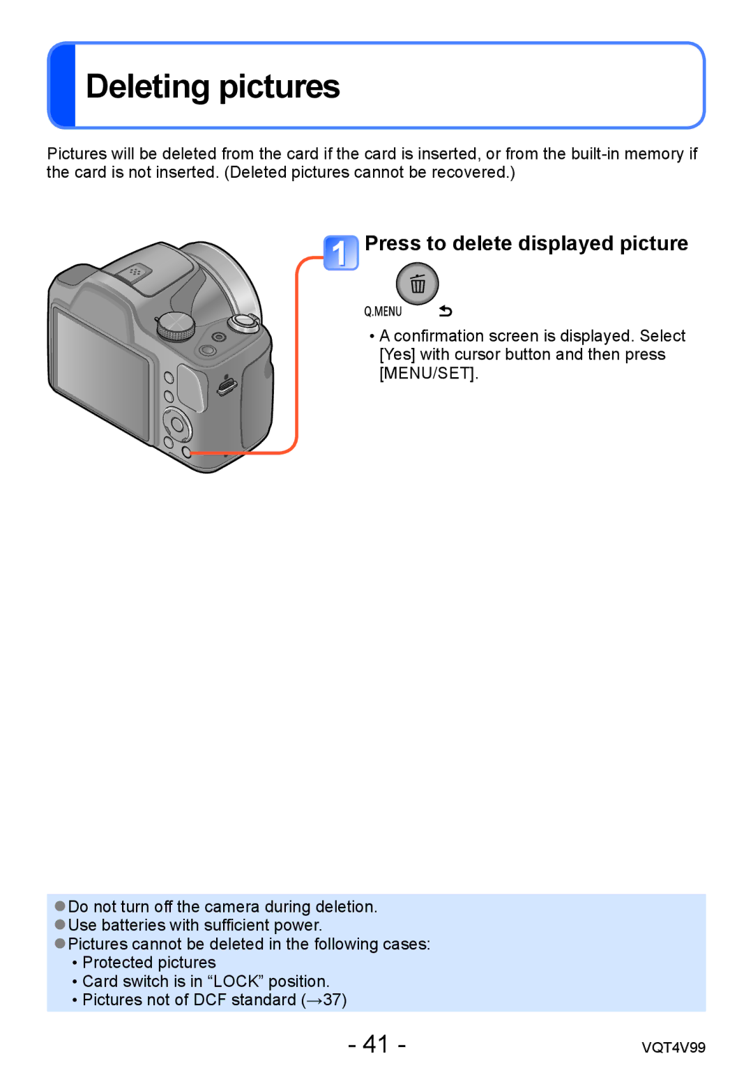 Panasonic VQT4V99, DMCLZ30K owner manual Deleting pictures, Press to delete displayed picture 