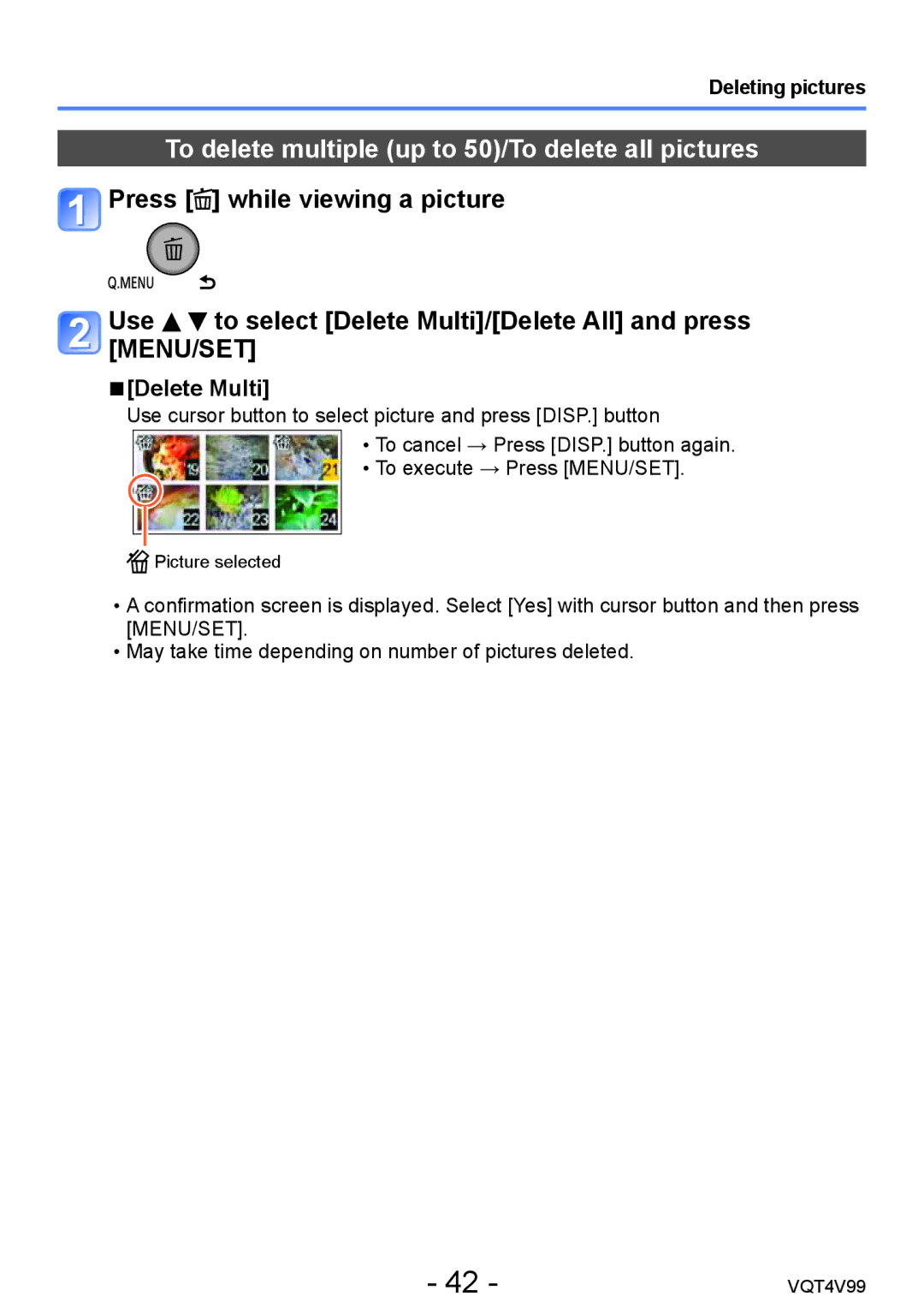 Panasonic DMCLZ30K, VQT4V99 owner manual Use to select Delete Multi/Delete All and press MENU/SET, Deleting pictures 