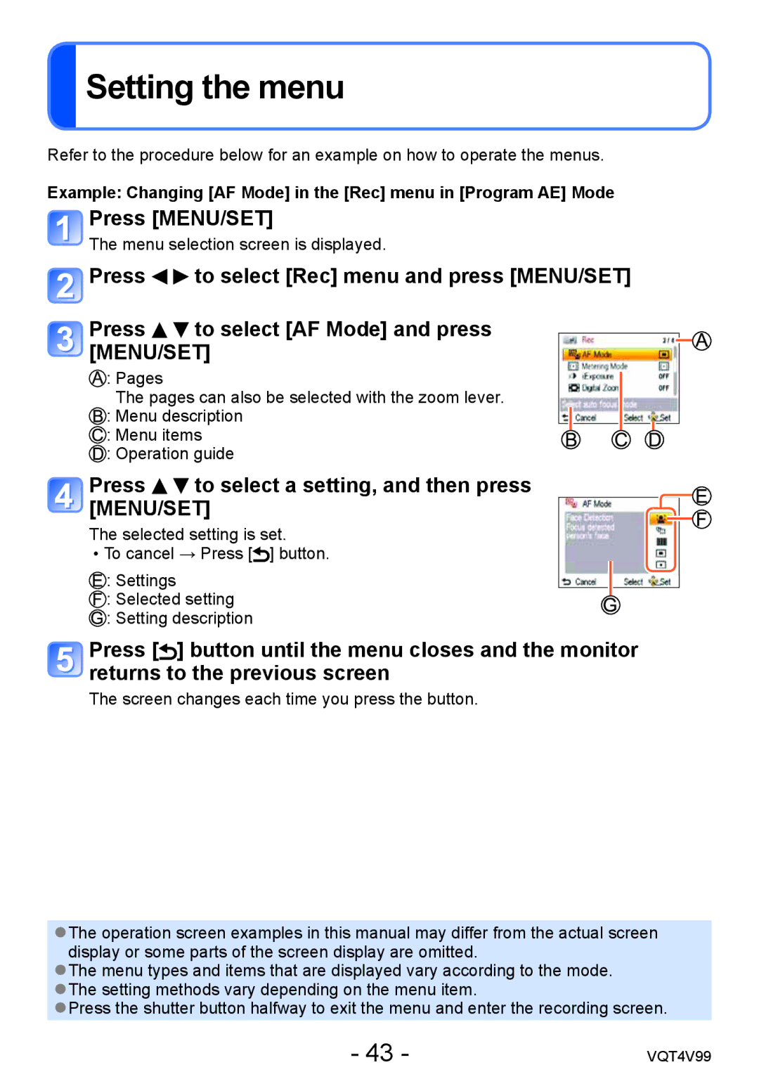 Panasonic VQT4V99, DMCLZ30K Setting the menu, Press MENU/SET, Press to select a setting, and then press MENU/SET 