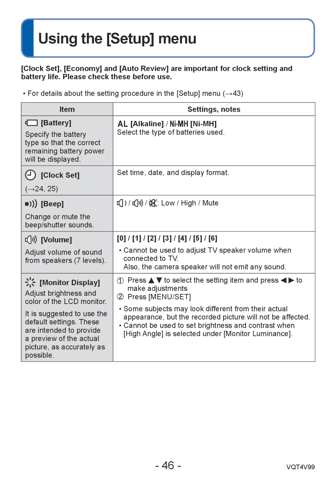 Panasonic DMCLZ30K, VQT4V99 owner manual Using the Setup menu 