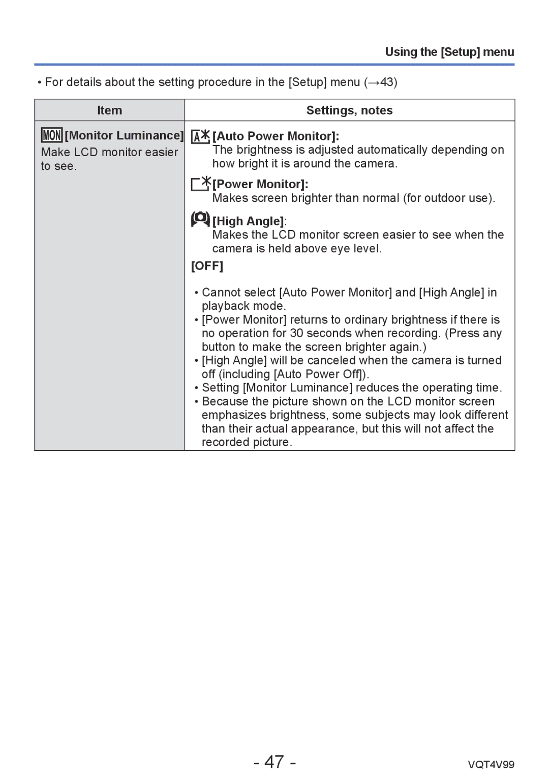 Panasonic VQT4V99, DMCLZ30K owner manual Settings, notes, Auto Power Monitor, High Angle 