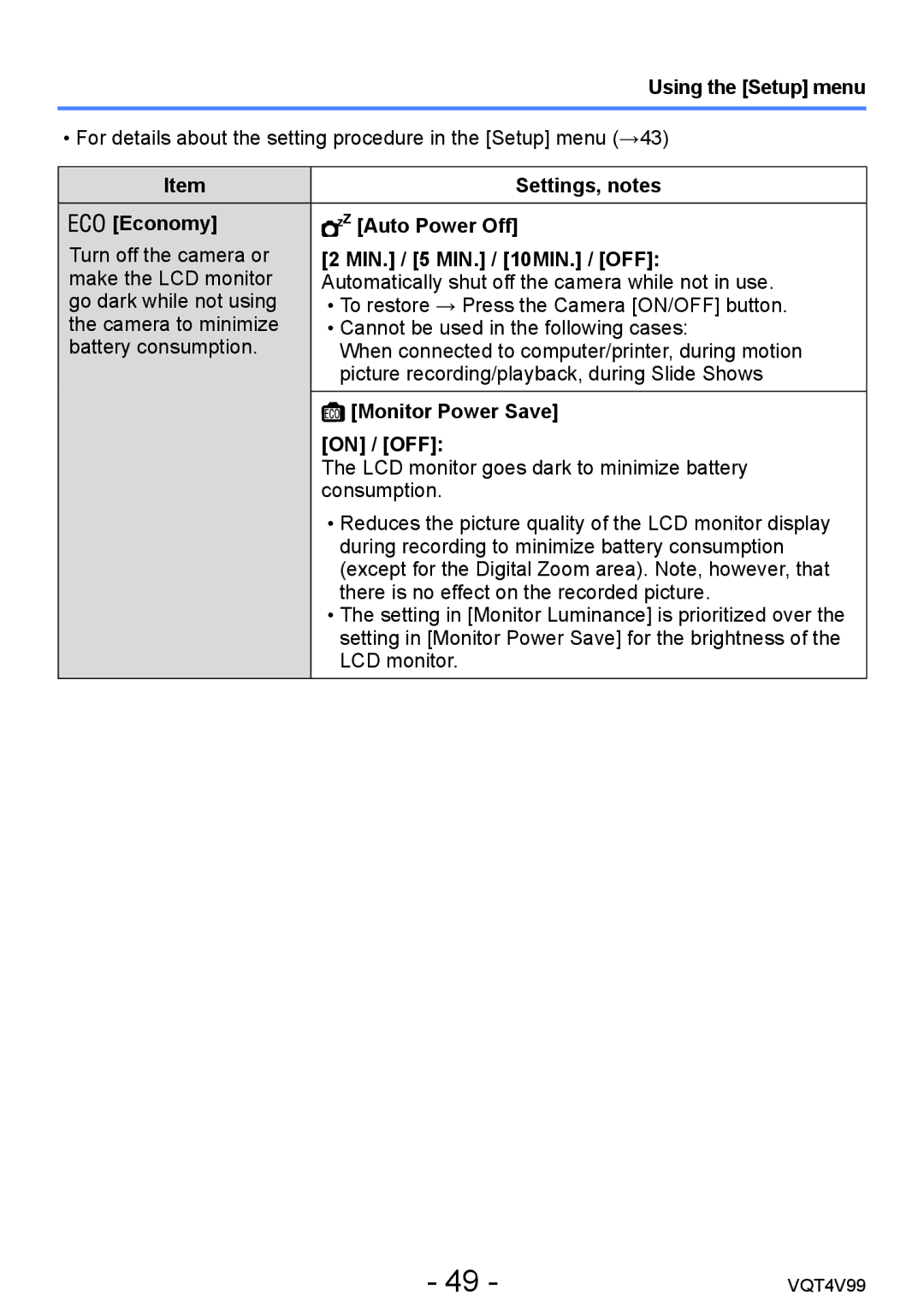 Panasonic VQT4V99, DMCLZ30K owner manual Economy Auto Power Off, MIN. / 5 MIN. / 10MIN. / OFF, Monitor Power Save 