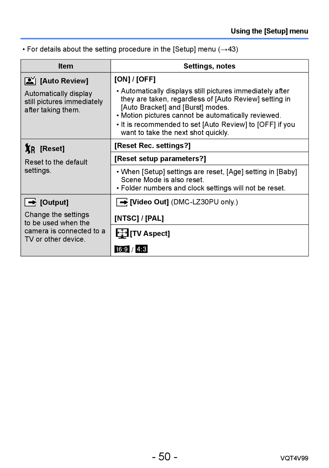 Panasonic DMCLZ30K, VQT4V99 Auto Review On / OFF, Reset Reset Rec. settings?, Reset setup parameters?, Output, Ntsc / PAL 