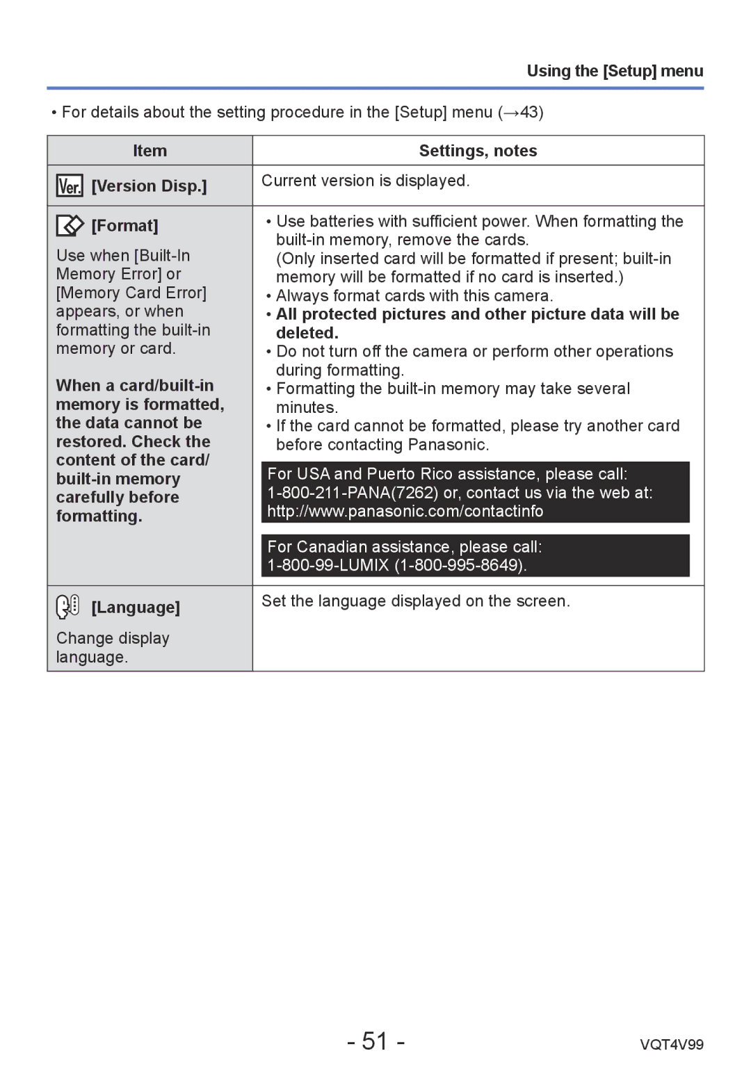 Panasonic VQT4V99 Version Disp, Deleted, When a card/built-in, Memory is formatted, Data cannot be, Formatting 