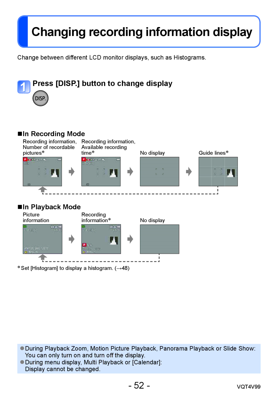 Panasonic DMCLZ30K, VQT4V99 Changing recording information display, Press DISP. button to change display, Recording Mode 