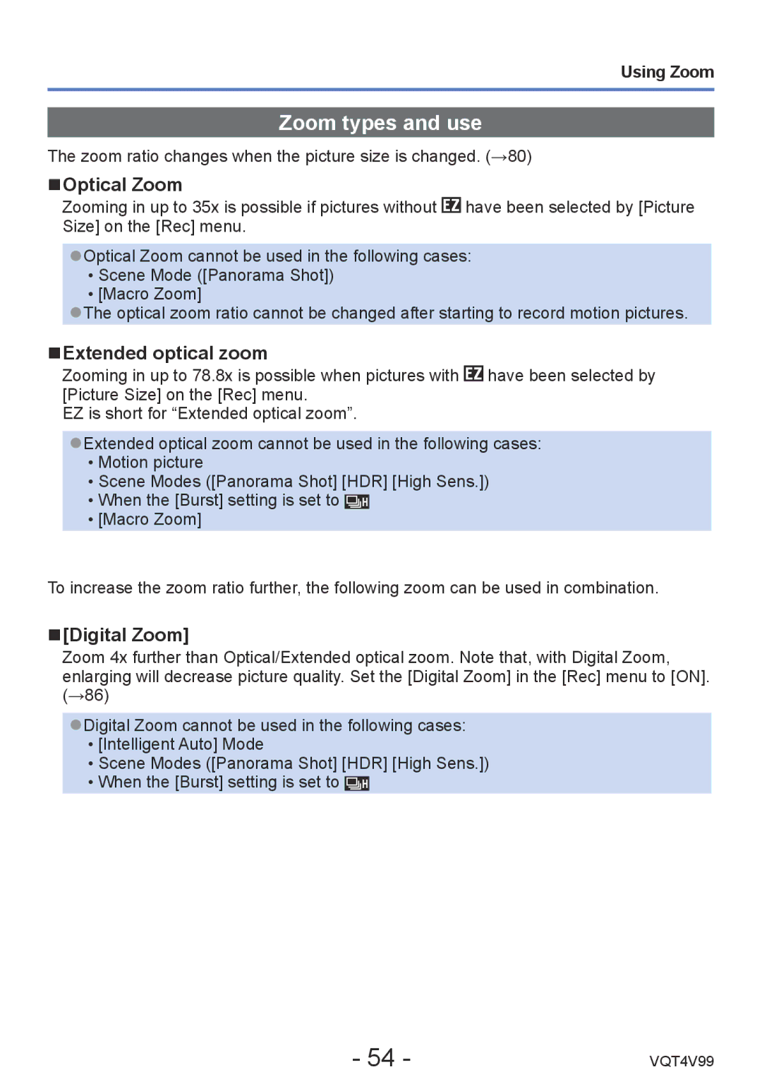 Panasonic DMCLZ30K, VQT4V99 owner manual Zoom types and use, Optical Zoom, Extended optical zoom, Digital Zoom, Using Zoom 