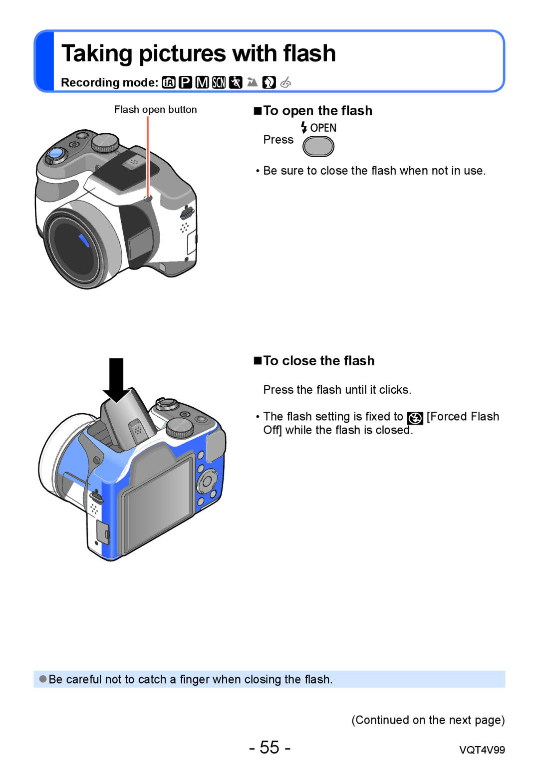 Panasonic VQT4V99, DMCLZ30K owner manual Taking pictures with flash, To open the flash, To close the flash 