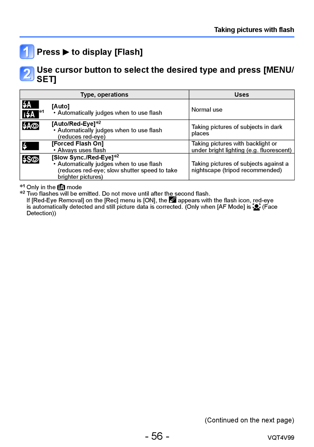 Panasonic DMCLZ30K, VQT4V99 Taking pictures with flash, Type, operations Uses Auto, Auto/Red-Eye∗2, Forced Flash On 