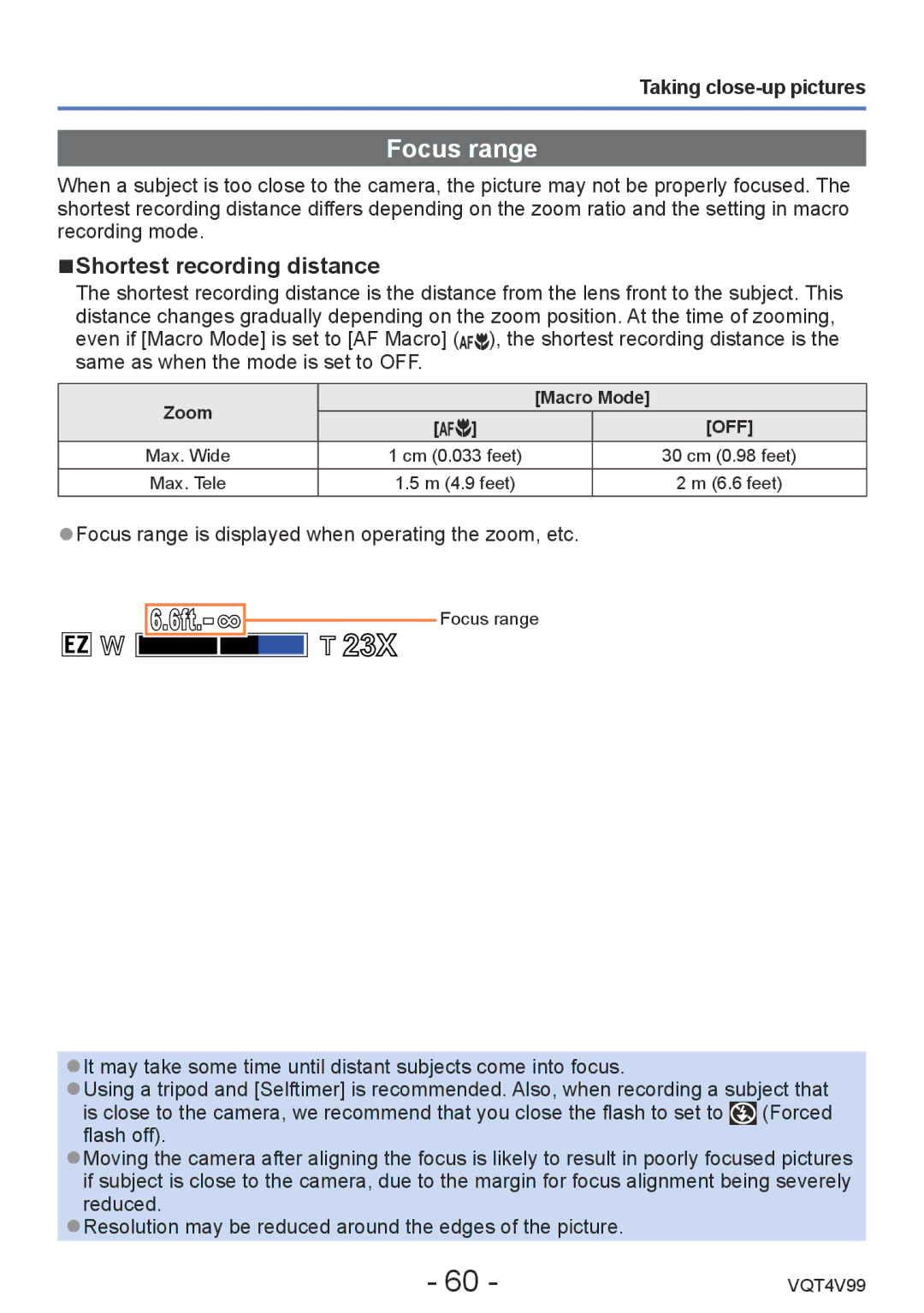 Panasonic DMCLZ30K, VQT4V99 owner manual Focus range, Shortest recording distance, Taking close-up pictures, Zoom Macro Mode 