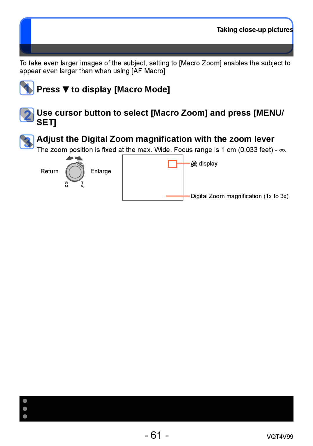 Panasonic VQT4V99, DMCLZ30K owner manual Macro Zoom 