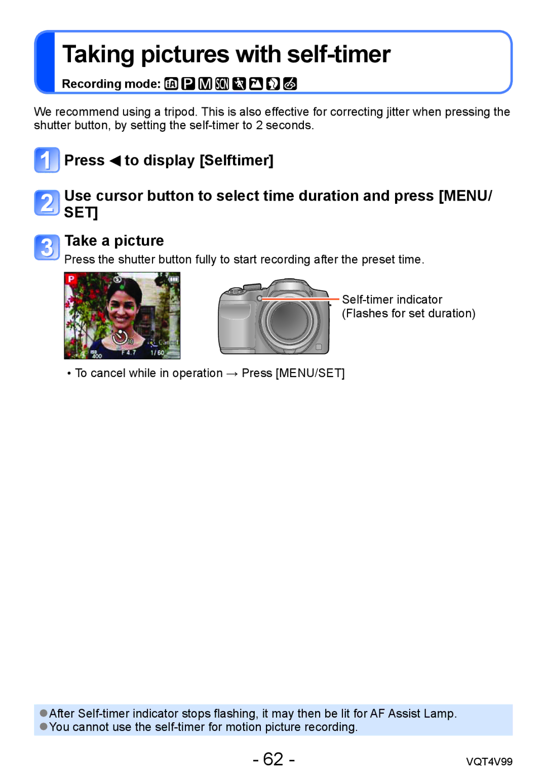 Panasonic DMCLZ30K, VQT4V99 owner manual Taking pictures with self-timer, Recording mode 