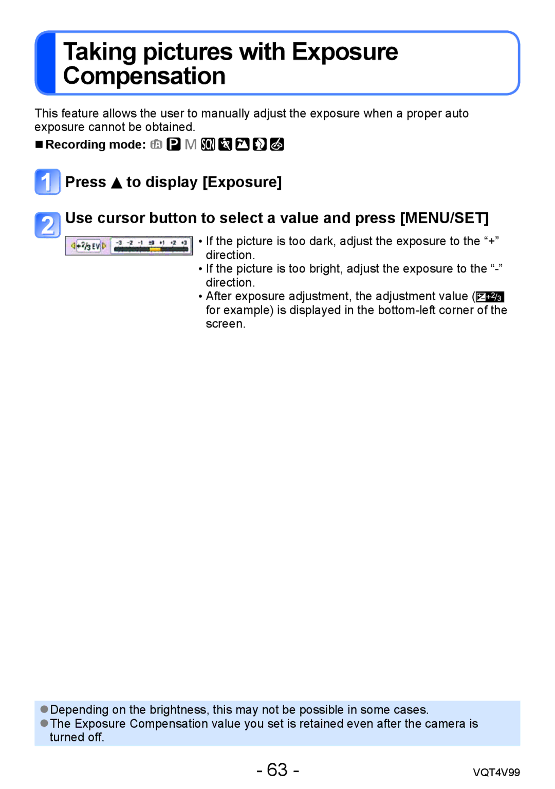 Panasonic VQT4V99, DMCLZ30K owner manual Taking pictures with Exposure Compensation 