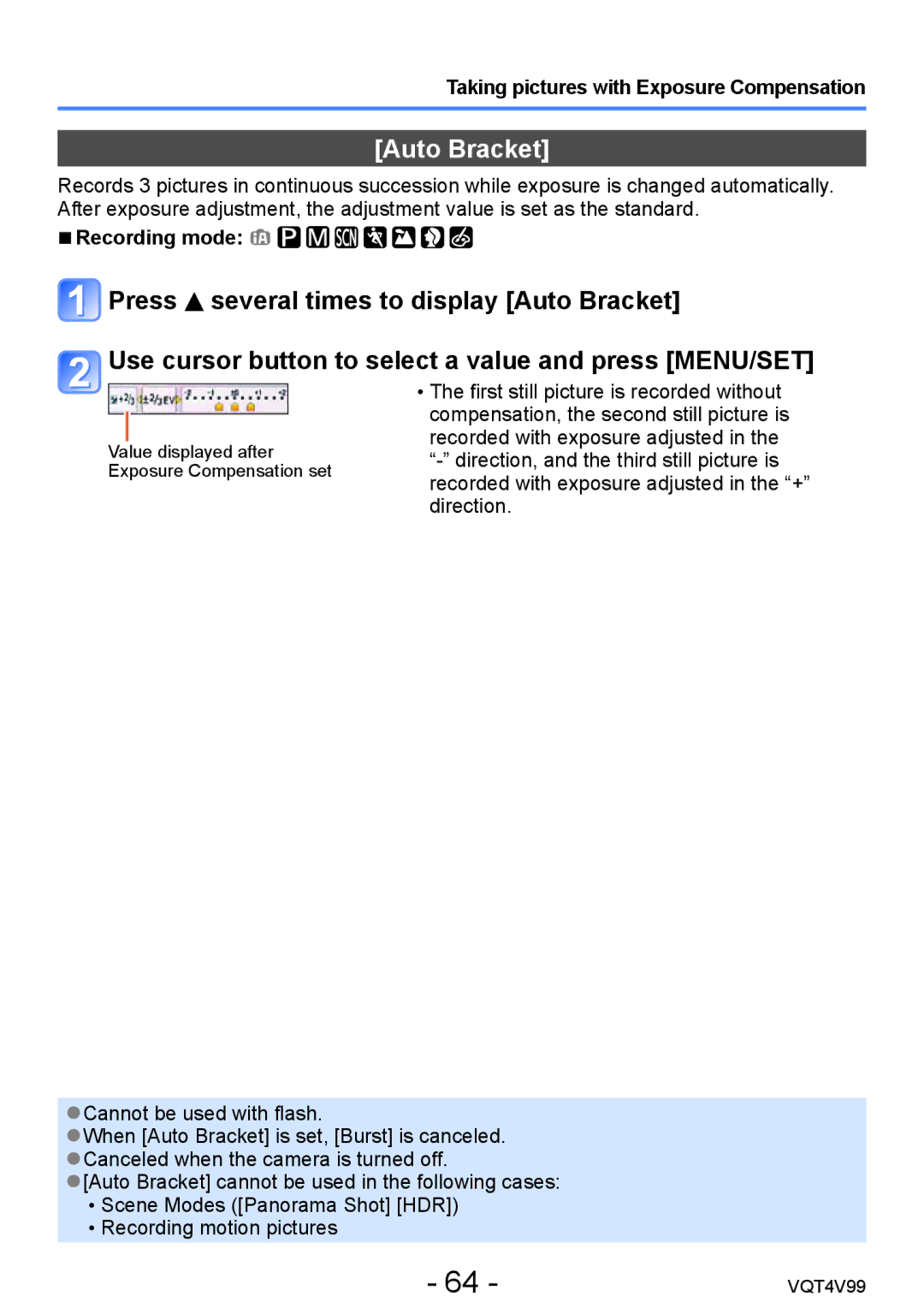 Panasonic DMCLZ30K, VQT4V99 owner manual Auto Bracket, Taking pictures with Exposure Compensation 