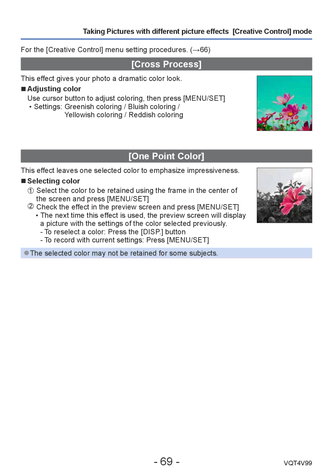 Panasonic VQT4V99, DMCLZ30K owner manual Cross Process, One Point Color, Adjusting color, Selecting color 