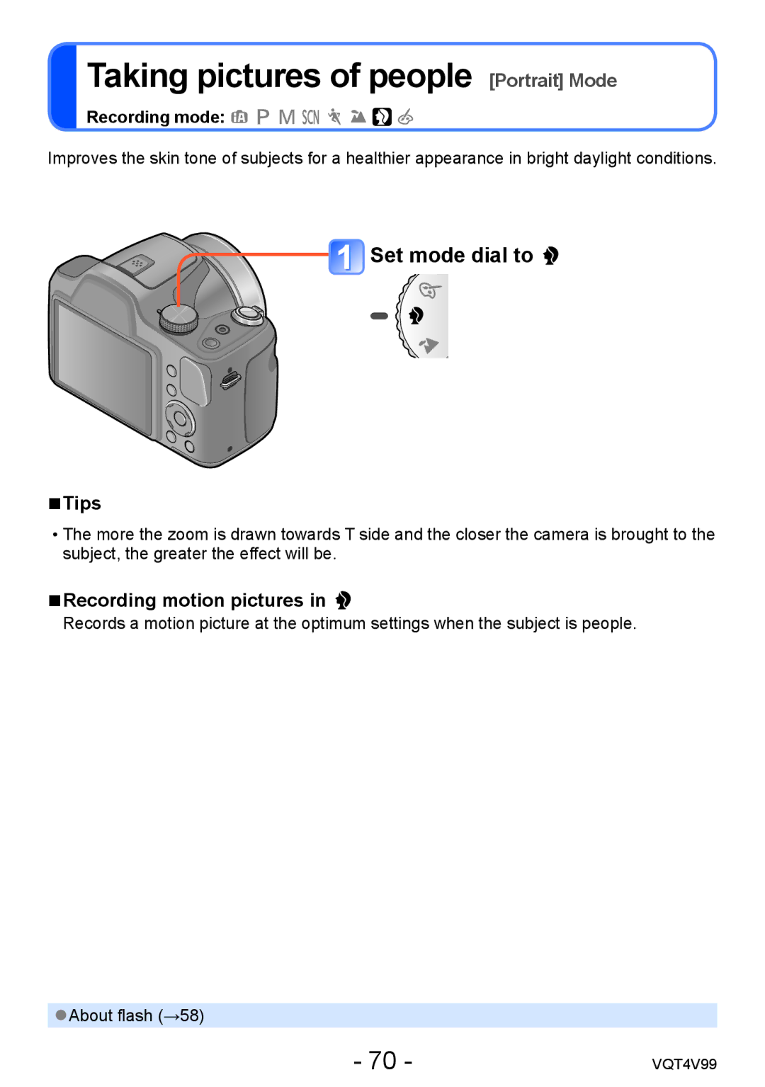 Panasonic DMCLZ30K, VQT4V99 owner manual Taking pictures of people Portrait Mode, Tips 