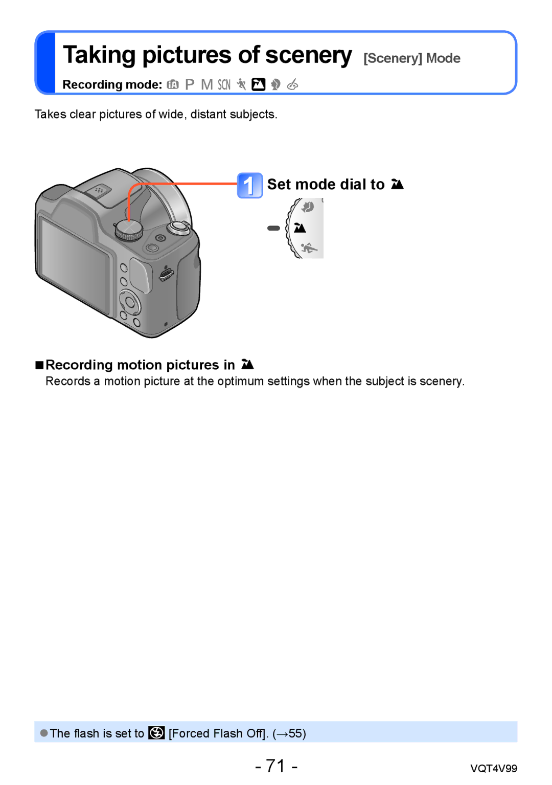 Panasonic VQT4V99, DMCLZ30K owner manual Taking pictures of scenery Scenery Mode 