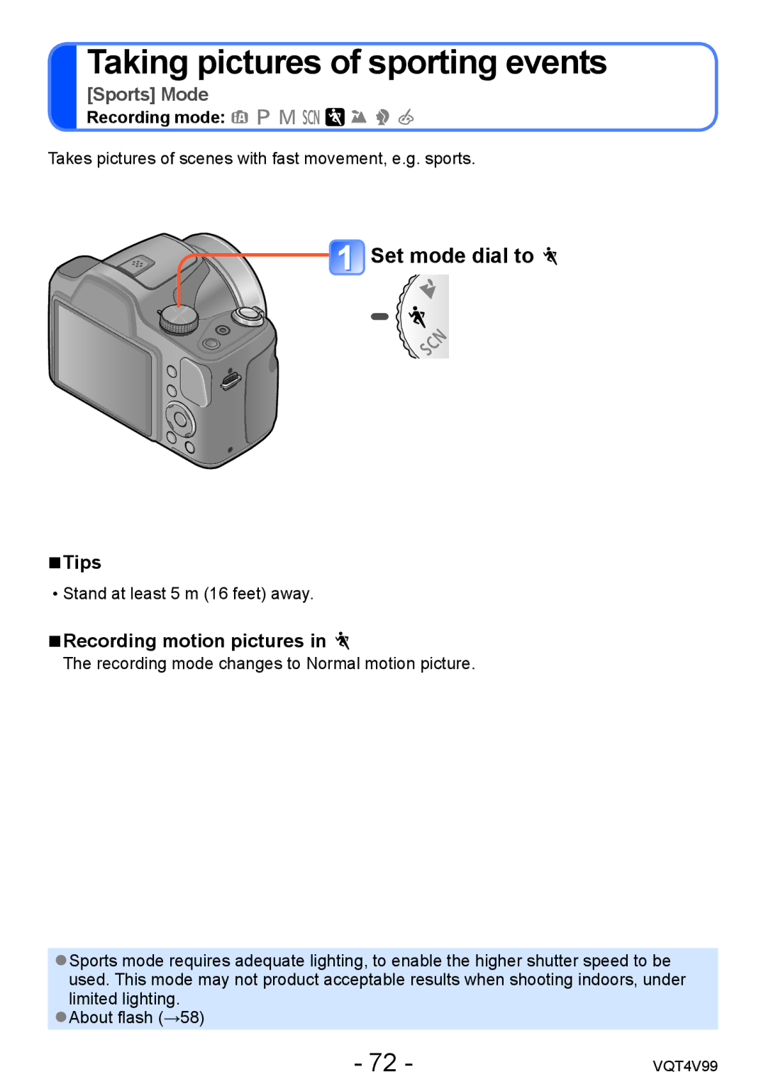 Panasonic DMCLZ30K, VQT4V99 owner manual Taking pictures of sporting events 