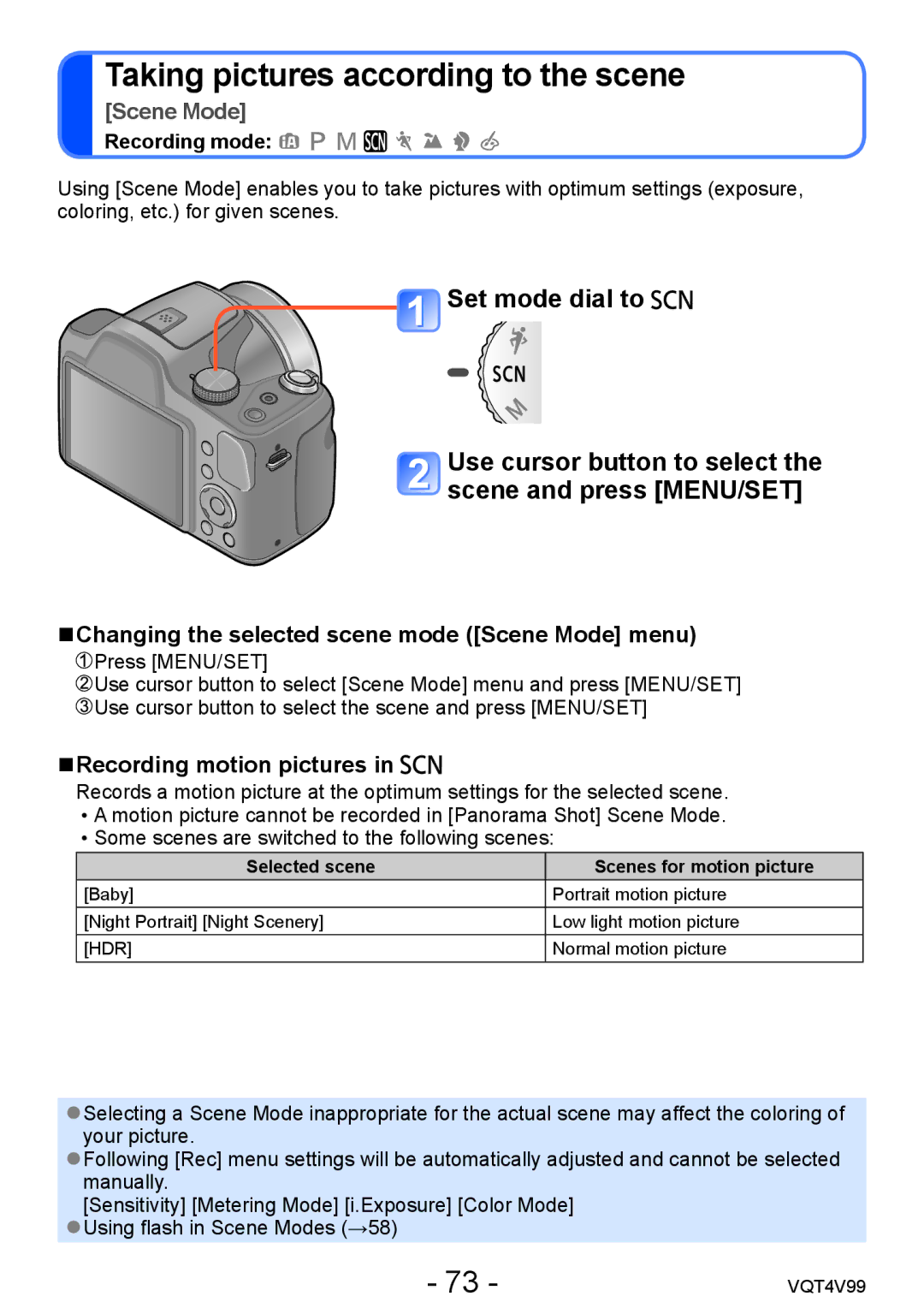 Panasonic VQT4V99, DMCLZ30K Changing the selected scene mode Scene Mode menu, Selected scene Scenes for motion picture 