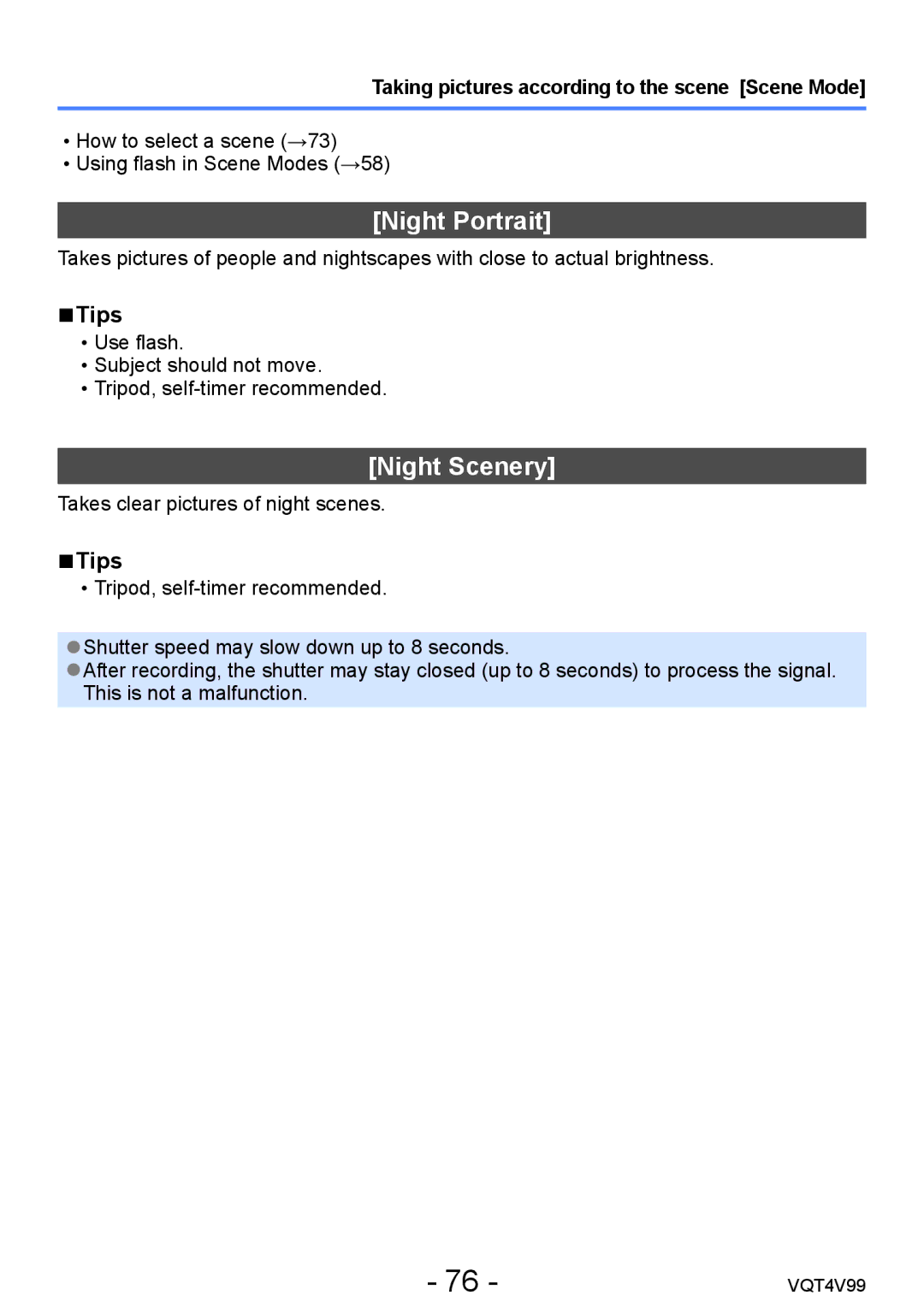 Panasonic DMCLZ30K, VQT4V99 owner manual Night Portrait, Night Scenery 