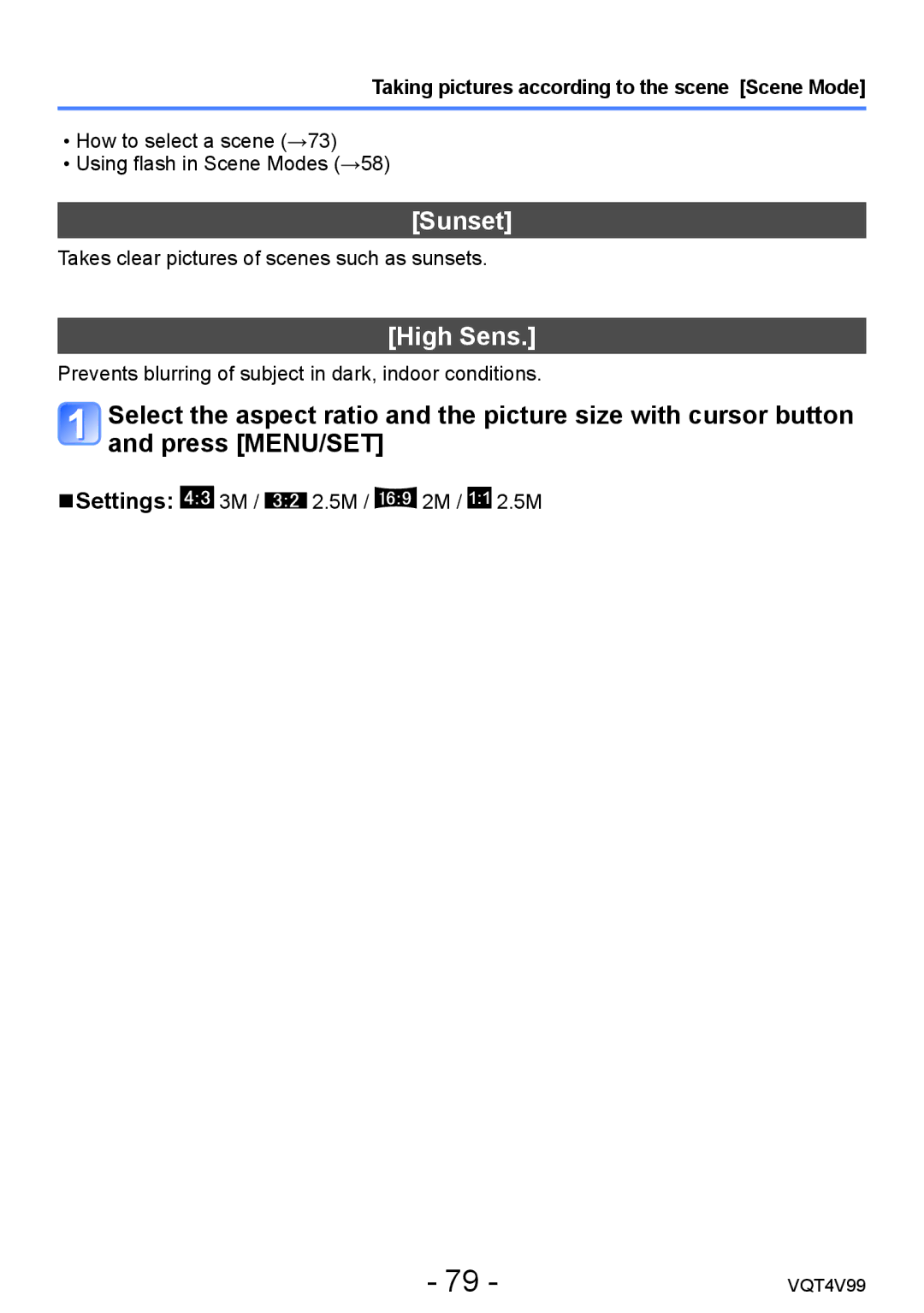 Panasonic VQT4V99, DMCLZ30K owner manual Sunset, High Sens 