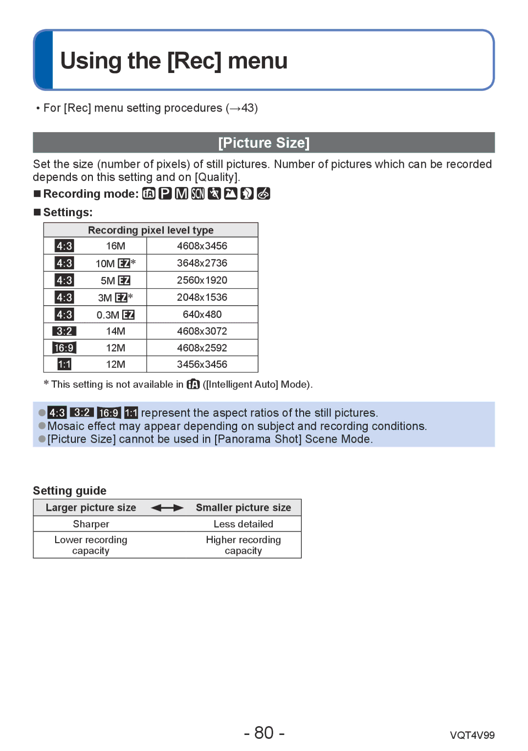 Panasonic DMCLZ30K, VQT4V99 owner manual Using the Rec menu, Picture Size, Recording mode Settings, Setting guide 