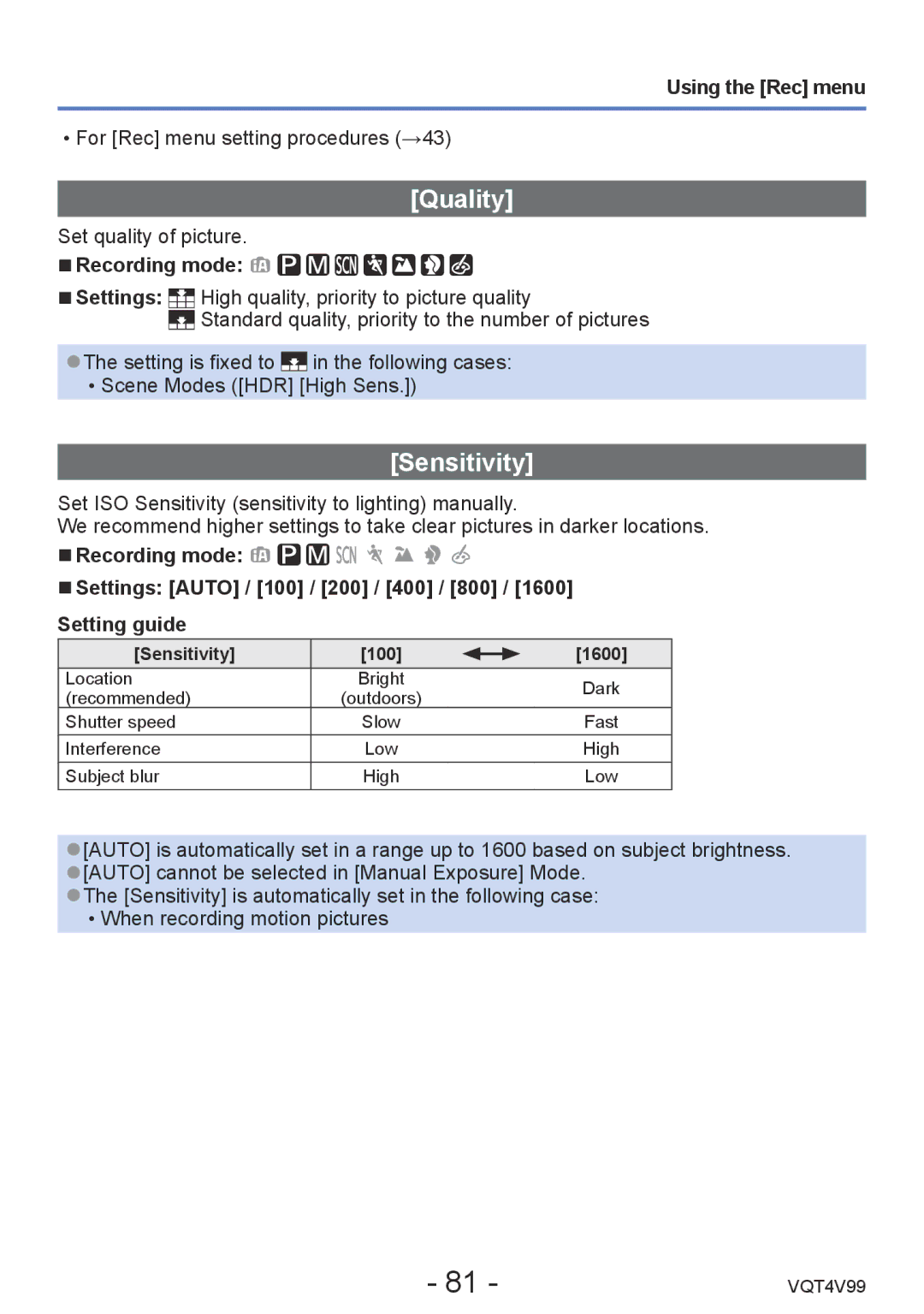 Panasonic VQT4V99, DMCLZ30K owner manual Quality, Using the Rec menu, Sensitivity 100 1600 