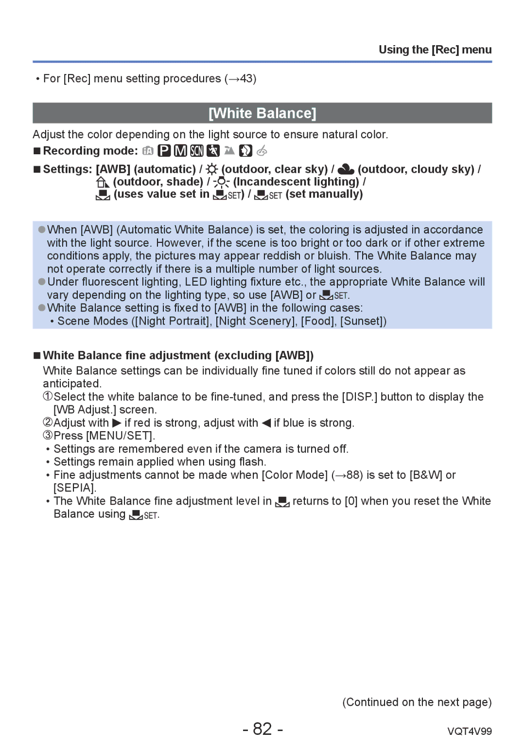 Panasonic DMCLZ30K, VQT4V99 owner manual White Balance fine adjustment excluding AWB 