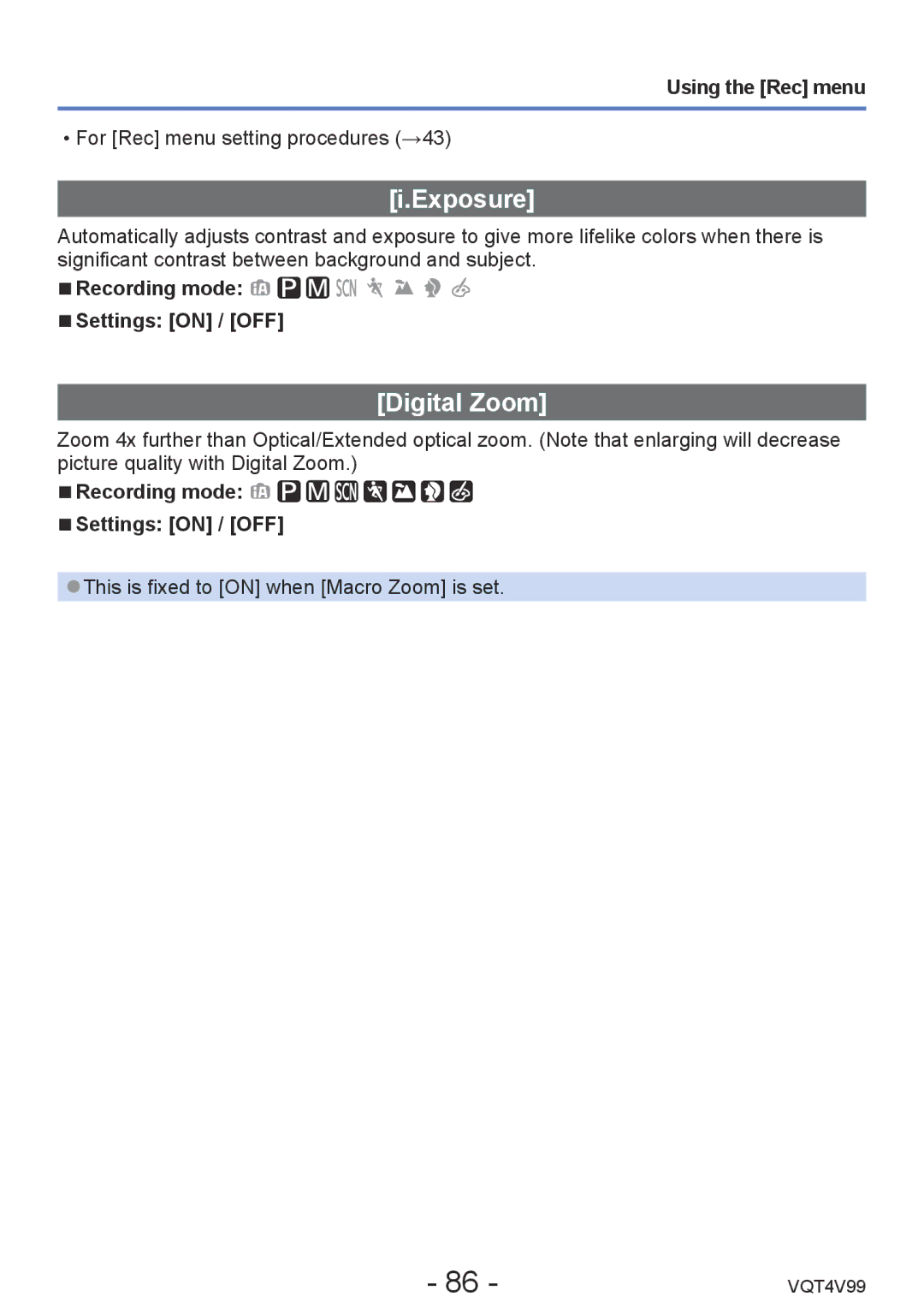 Panasonic DMCLZ30K, VQT4V99 owner manual Exposure, Digital Zoom, Recording mode Settings on / OFF 